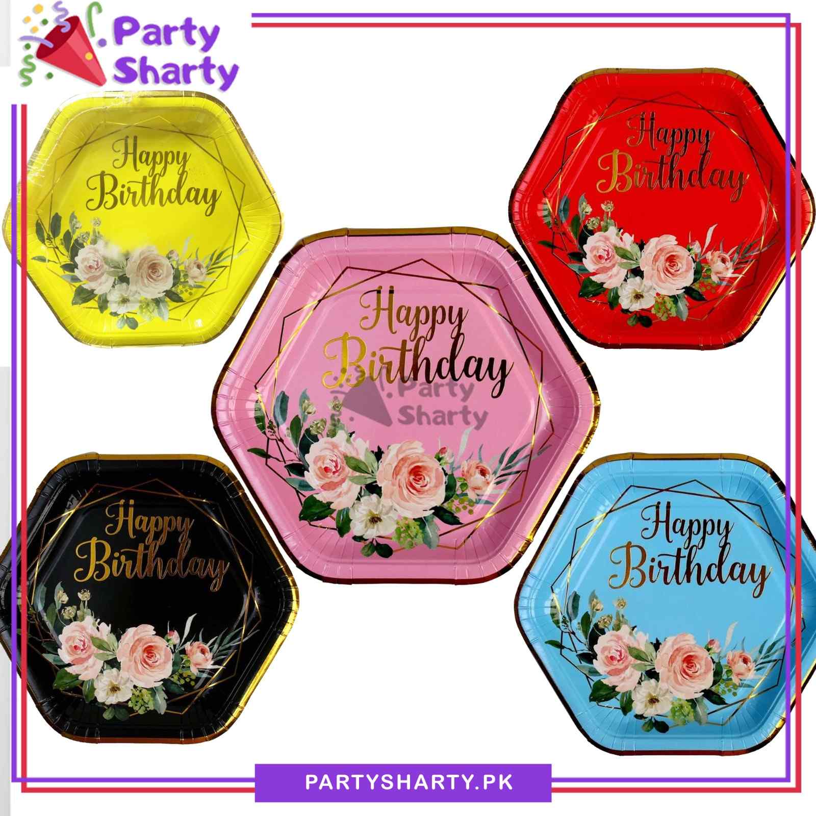 7inches Happy Birthday Flowers Printed Hexagonal Paper Plates For Party Decoration & Celebration