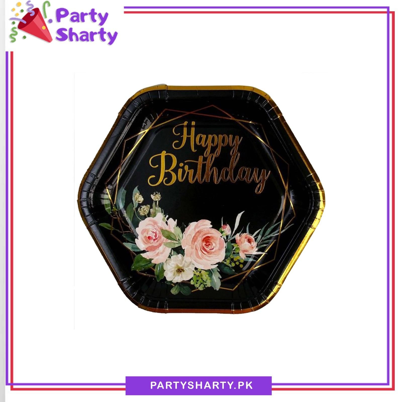 7inches Happy Birthday Flowers Printed Hexagonal Paper Plates For Party Decoration & Celebration