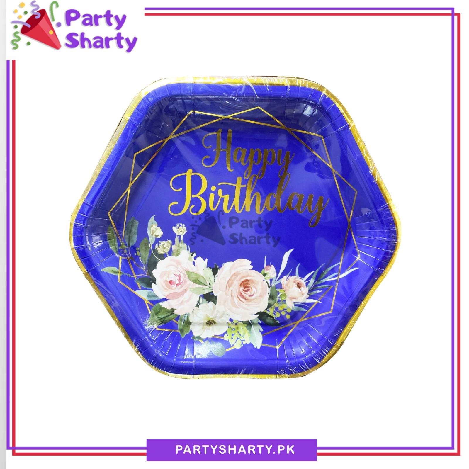 7inches Happy Birthday Flowers Printed Hexagonal Paper Plates For Party Decoration & Celebration