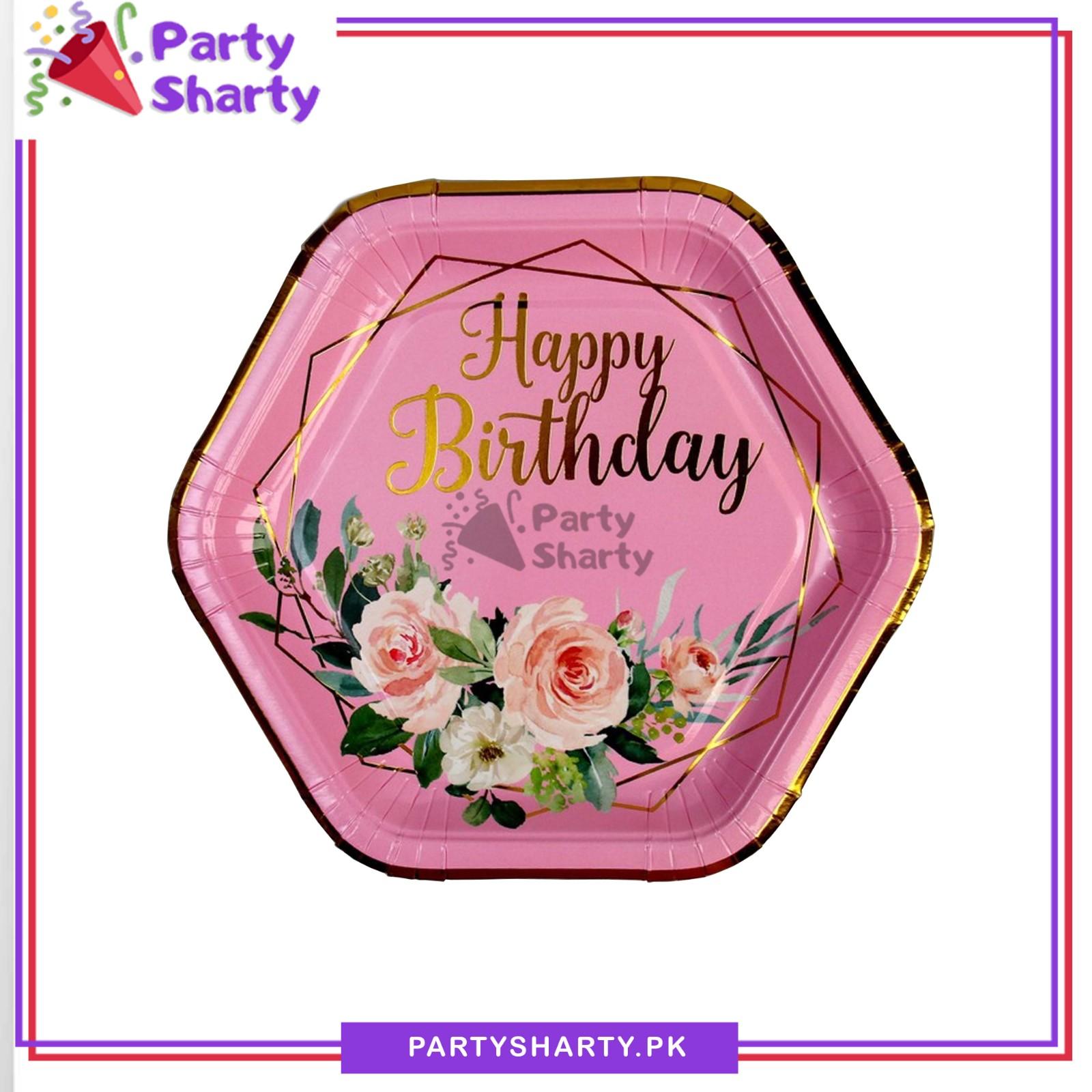 7inches Happy Birthday Flowers Printed Hexagonal Paper Plates For Party Decoration & Celebration