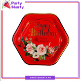 7inches Happy Birthday Flowers Printed Hexagonal Paper Plates For Party Decoration & Celebration