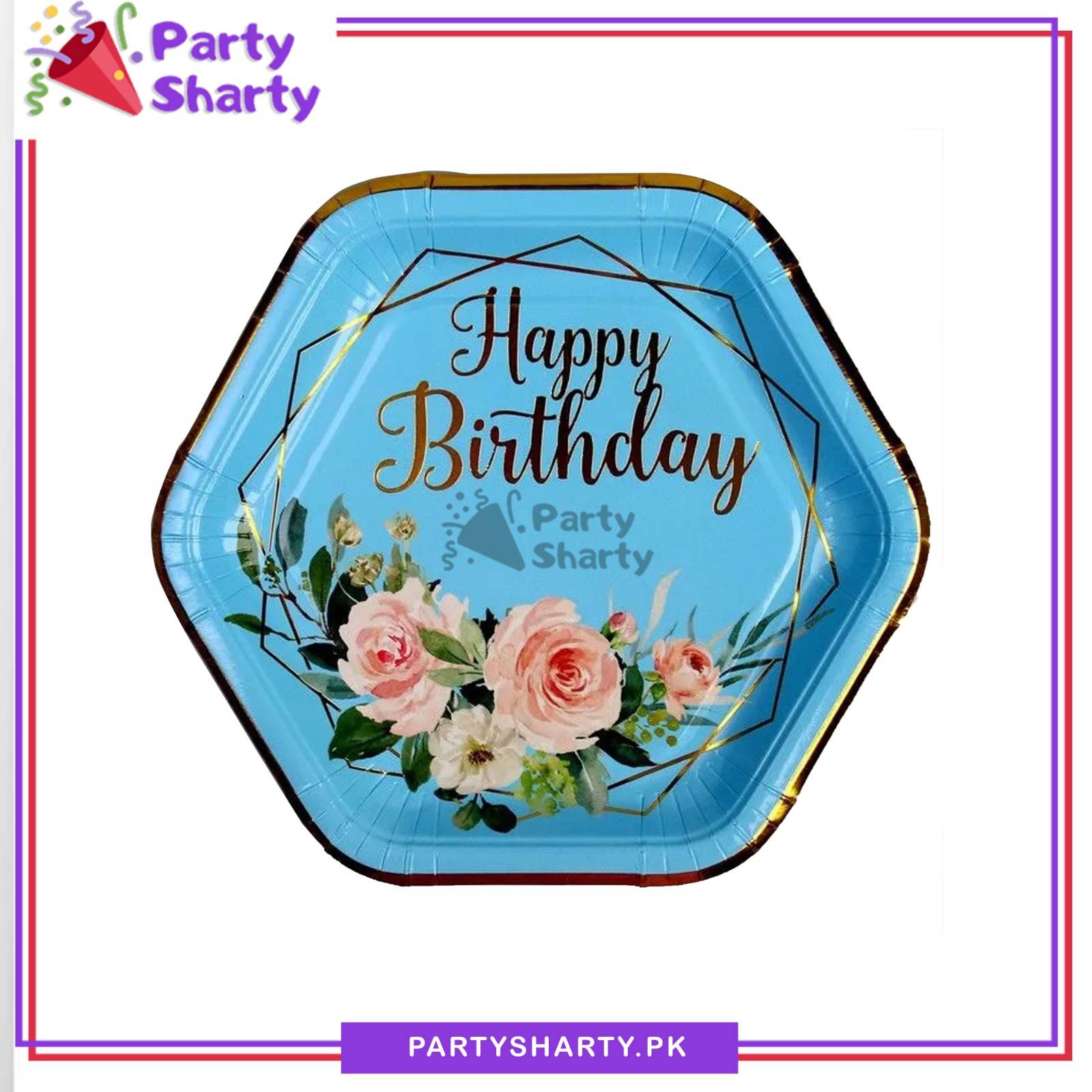 7inches Happy Birthday Flowers Printed Hexagonal Paper Plates For Party Decoration & Celebration