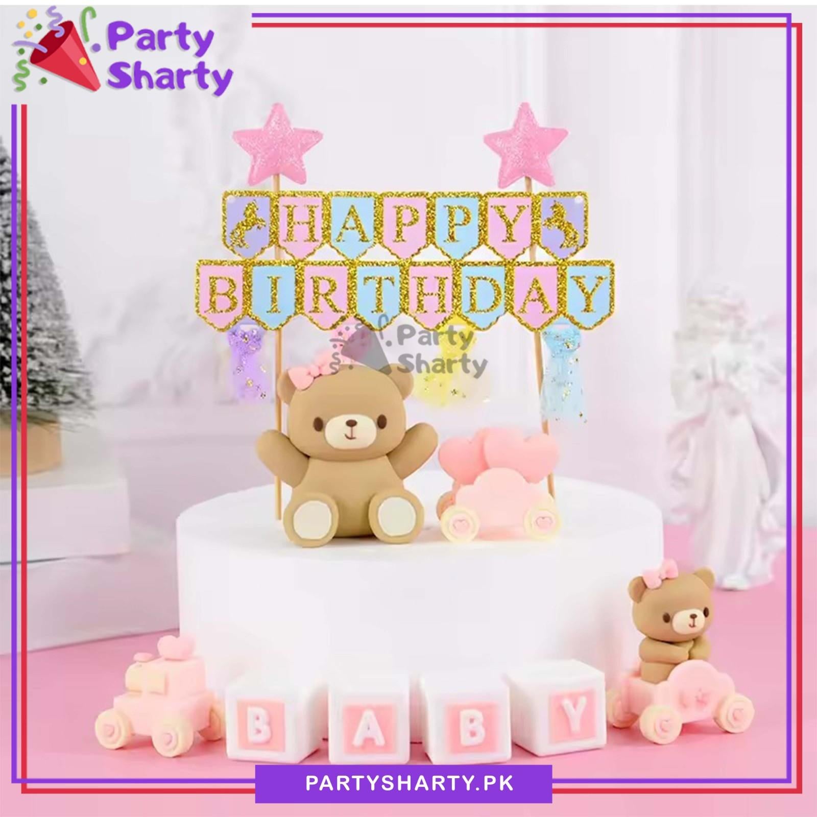 Happy Birthday Golden Glitter Flag Bunting Cake Topper For Birthday Party Celebration