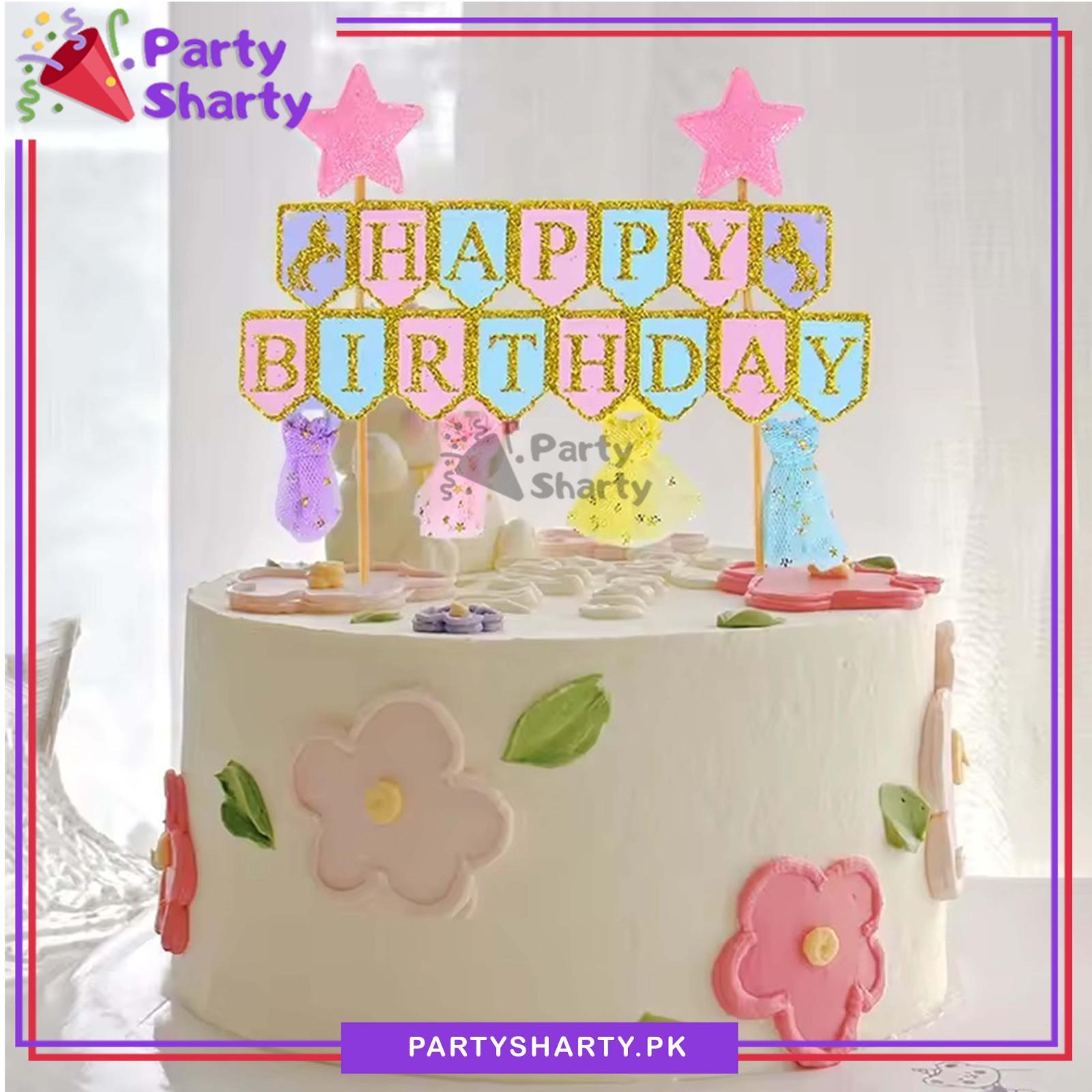 Happy Birthday Golden Glitter Flag Bunting Cake Topper For Birthday Party Celebration