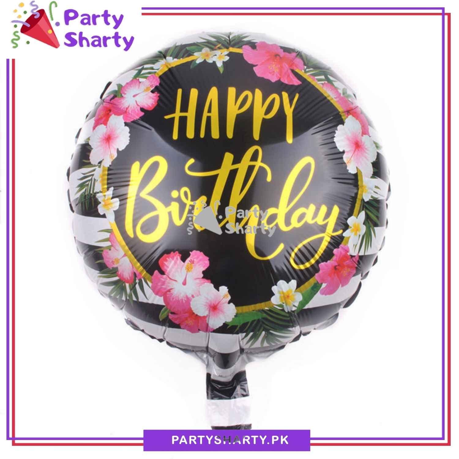 Happy Birthday Printed Black Round Shaped Floral Foil Balloon For Birthday Party Decoration and Celebration