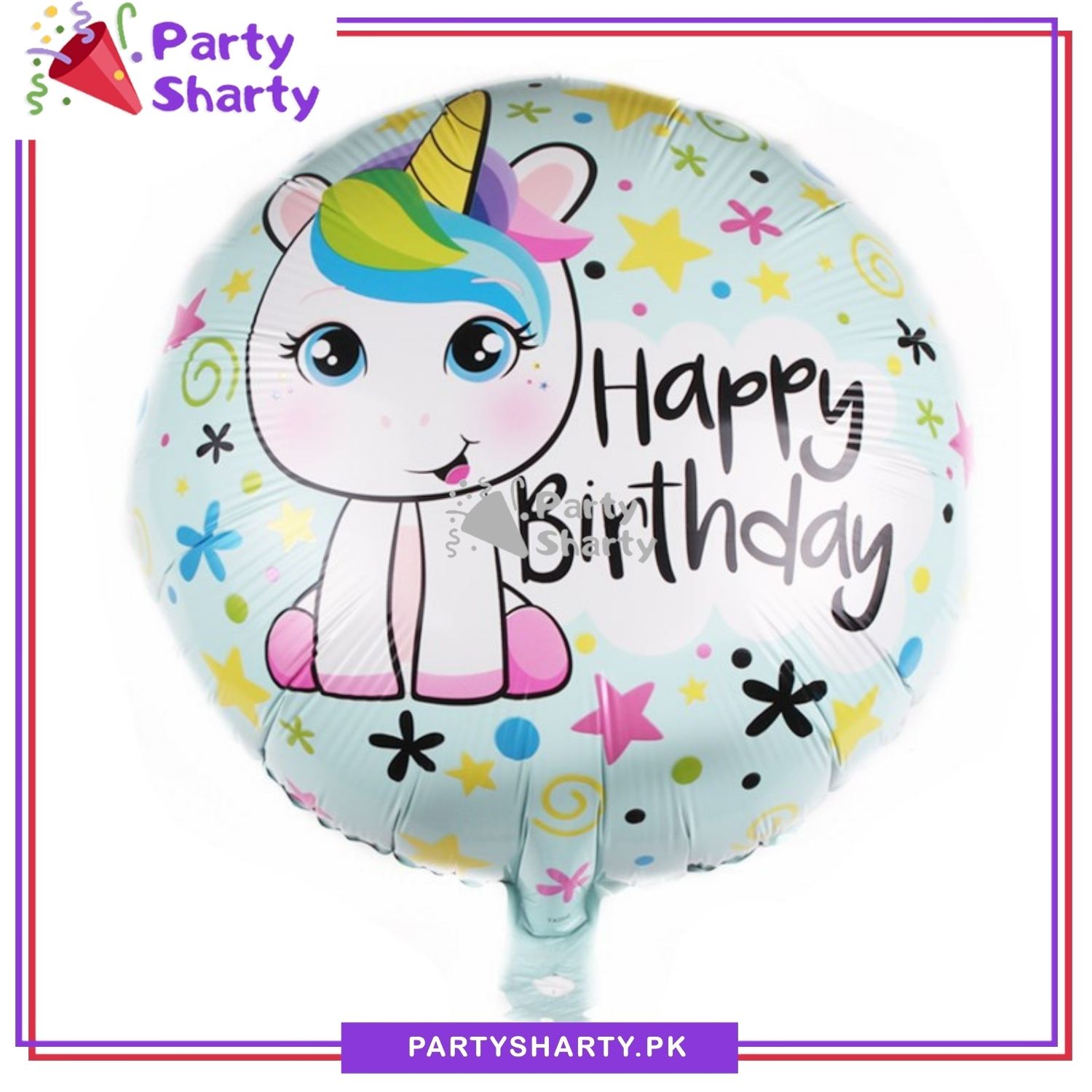 Happy Birthday Printed Cute Unicorn Light Blue Round Foil Balloon For Unicorn Theme Decoration and Celebration