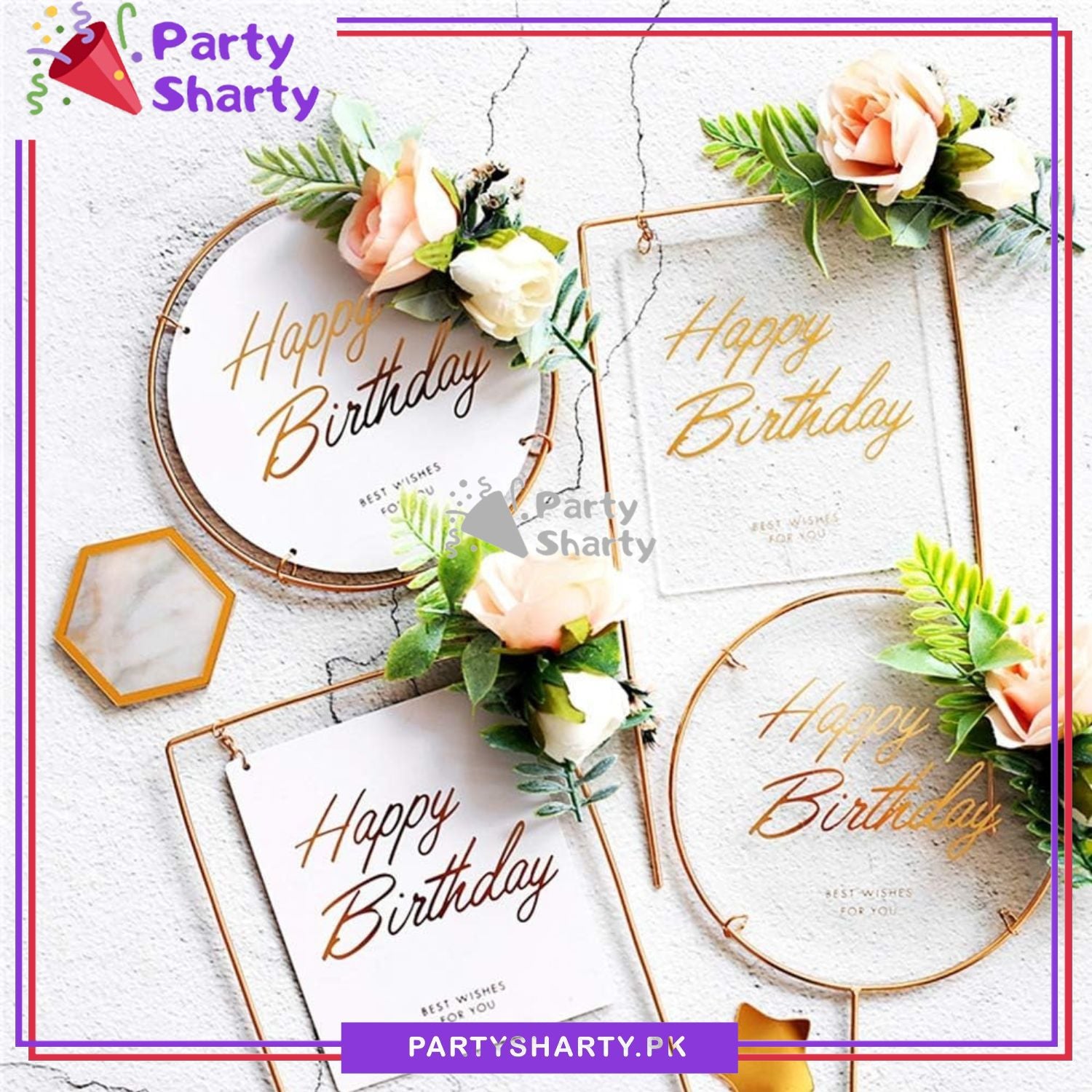 Happy Birthday Round, Square & Heart Shaped Metal Cake Topper for Birthday Party Celebration