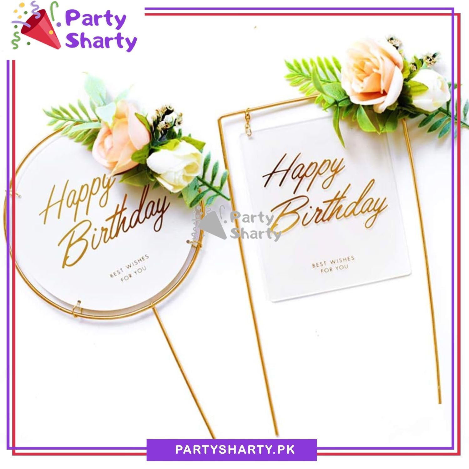 Happy Birthday Round, Square & Heart Shaped Metal Cake Topper for Birthday Party Celebration