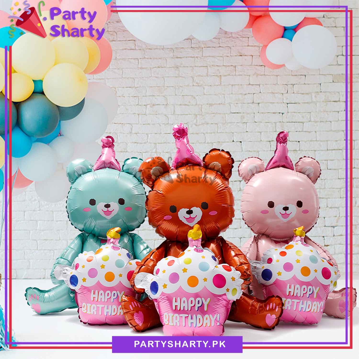Happy Birthday Cup Cake Teddy Bear Foil Balloon For Teddy Bear Theme Party Decoration And Celebration