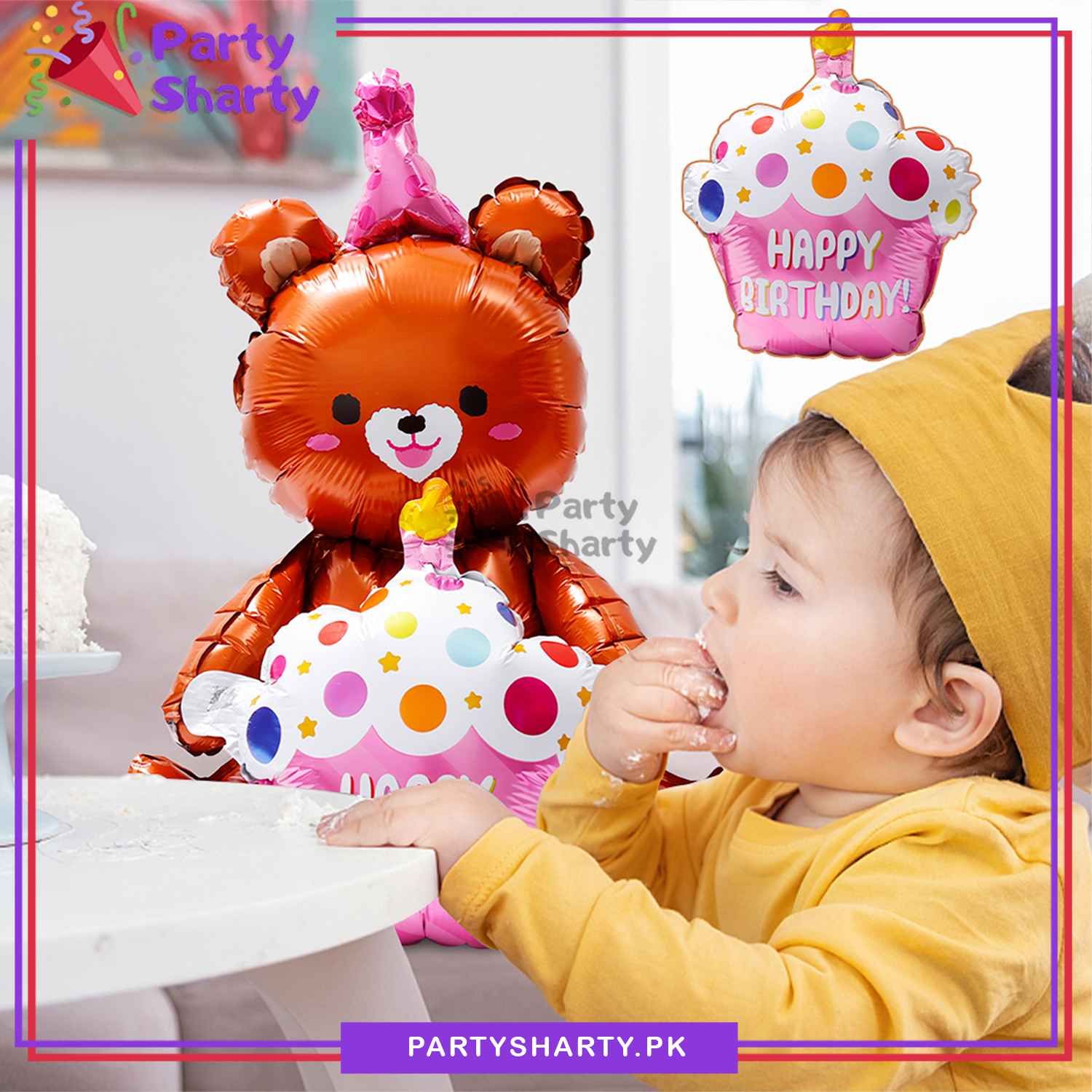 Happy Birthday Cup Cake Teddy Bear Foil Balloon For Teddy Bear Theme Party Decoration And Celebration