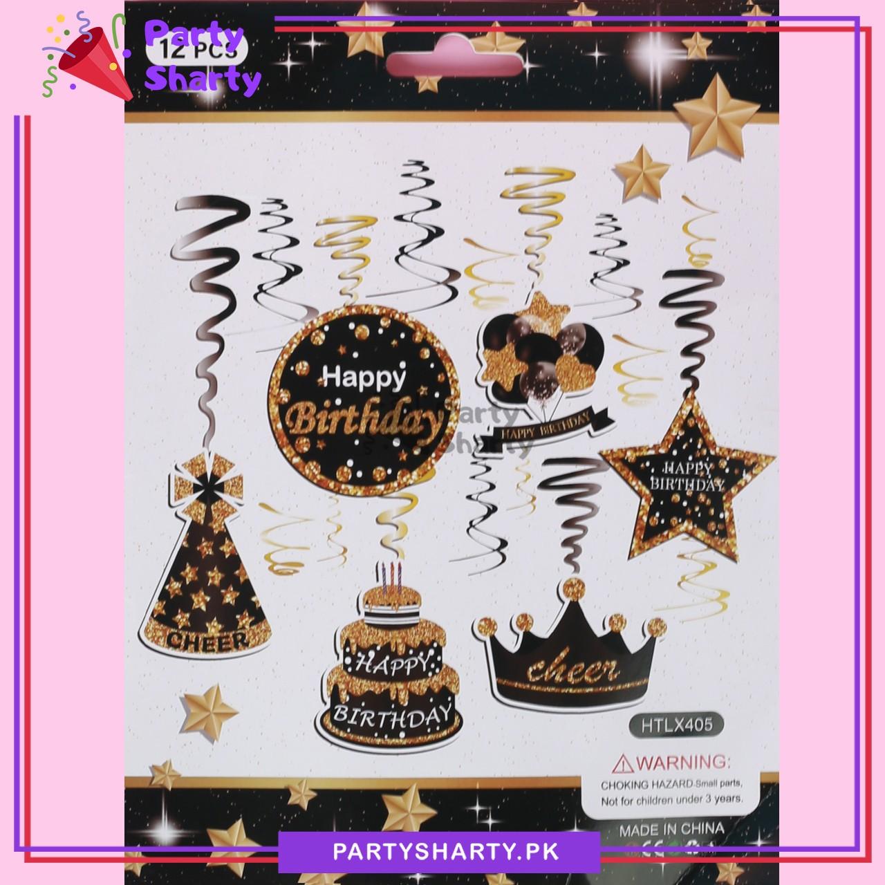 Happy Birthday Golden & Black Theme Hanging Swirls (Pack of 6) For Birthday Party and Decoration