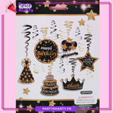 Happy Birthday Golden & Black Theme Hanging Swirls (Pack of 6) For Birthday Party and Decoration
