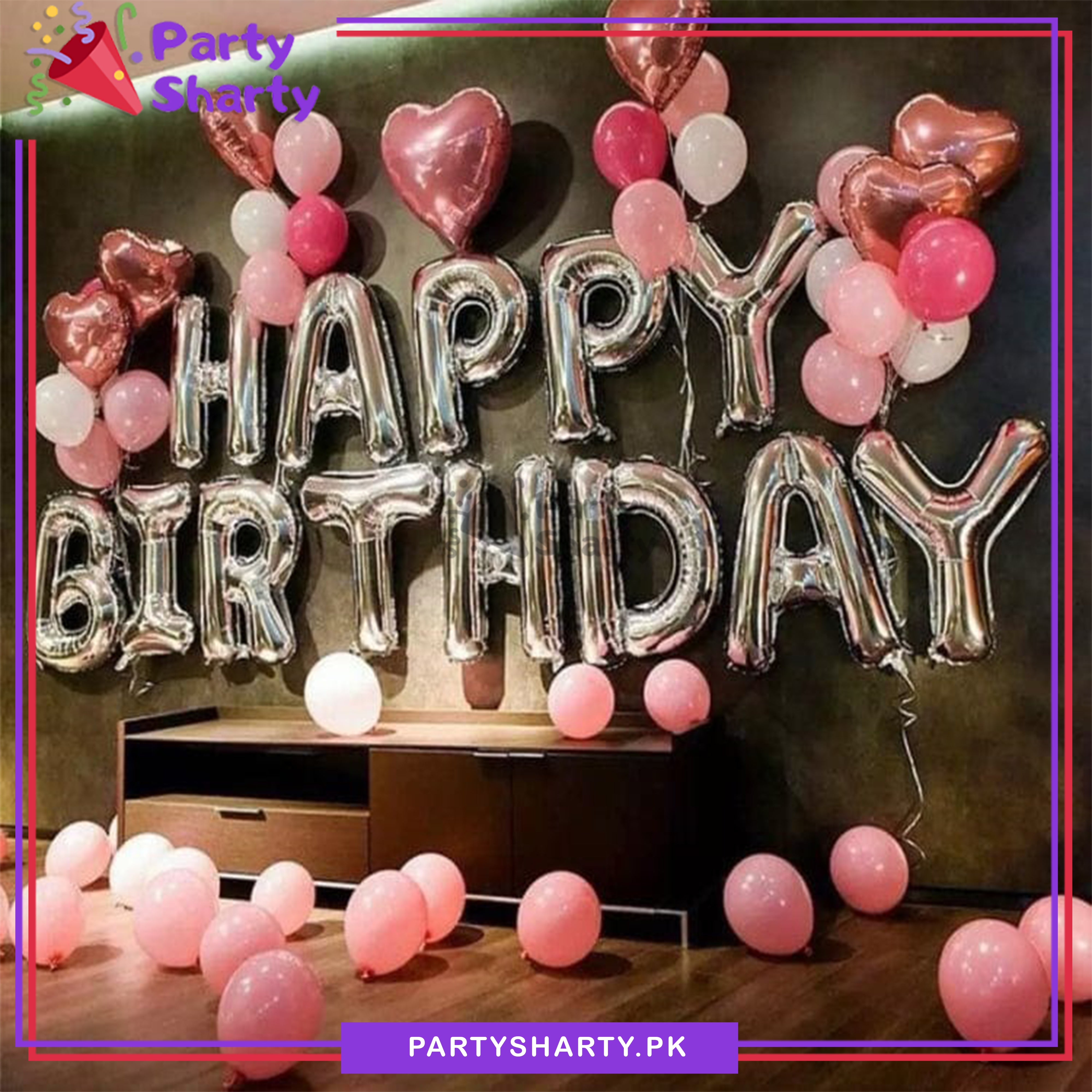Happy Birthday Silver & Rose Gold Theme Set For Birthday Decoration and Celebrations
