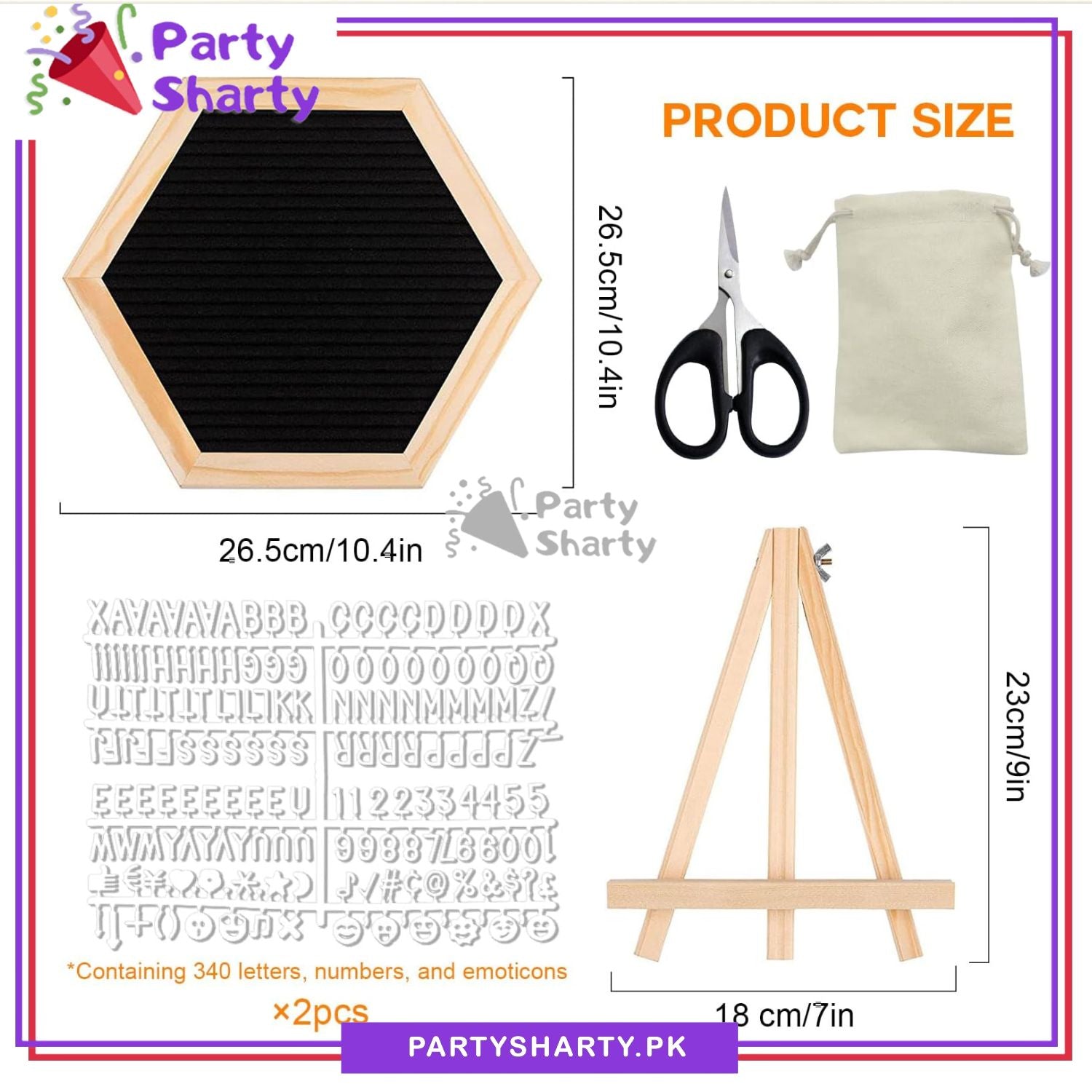 Hexagonal Black Color Felt Letter Board with 300+ Letters, Numbers & Symbols - Changeable Message Board with Small Wooden Easel Stand
