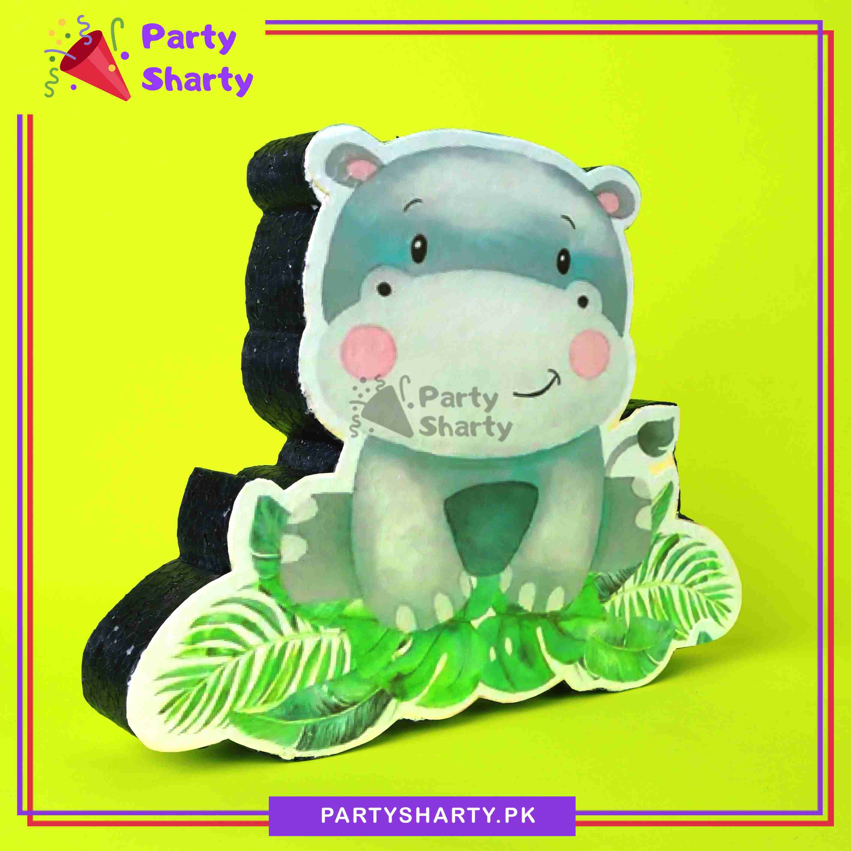Hippo Character with Leaves Thermocol Standee For Jungle / Safari Theme Based Birthday Celebration and Party Decoration