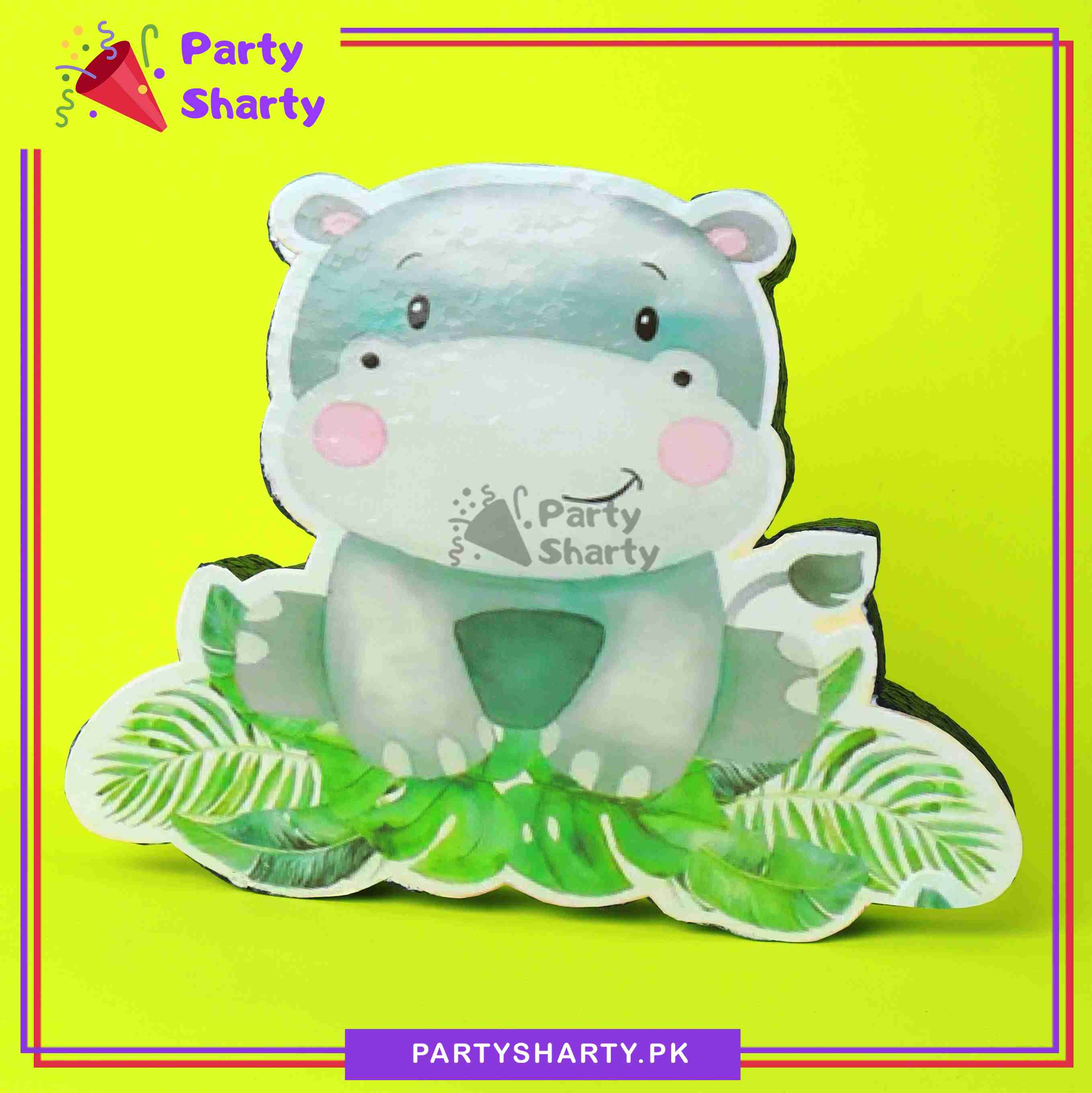 Hippo Character with Leaves Thermocol Standee For Jungle / Safari Theme Based Birthday Celebration and Party Decoration