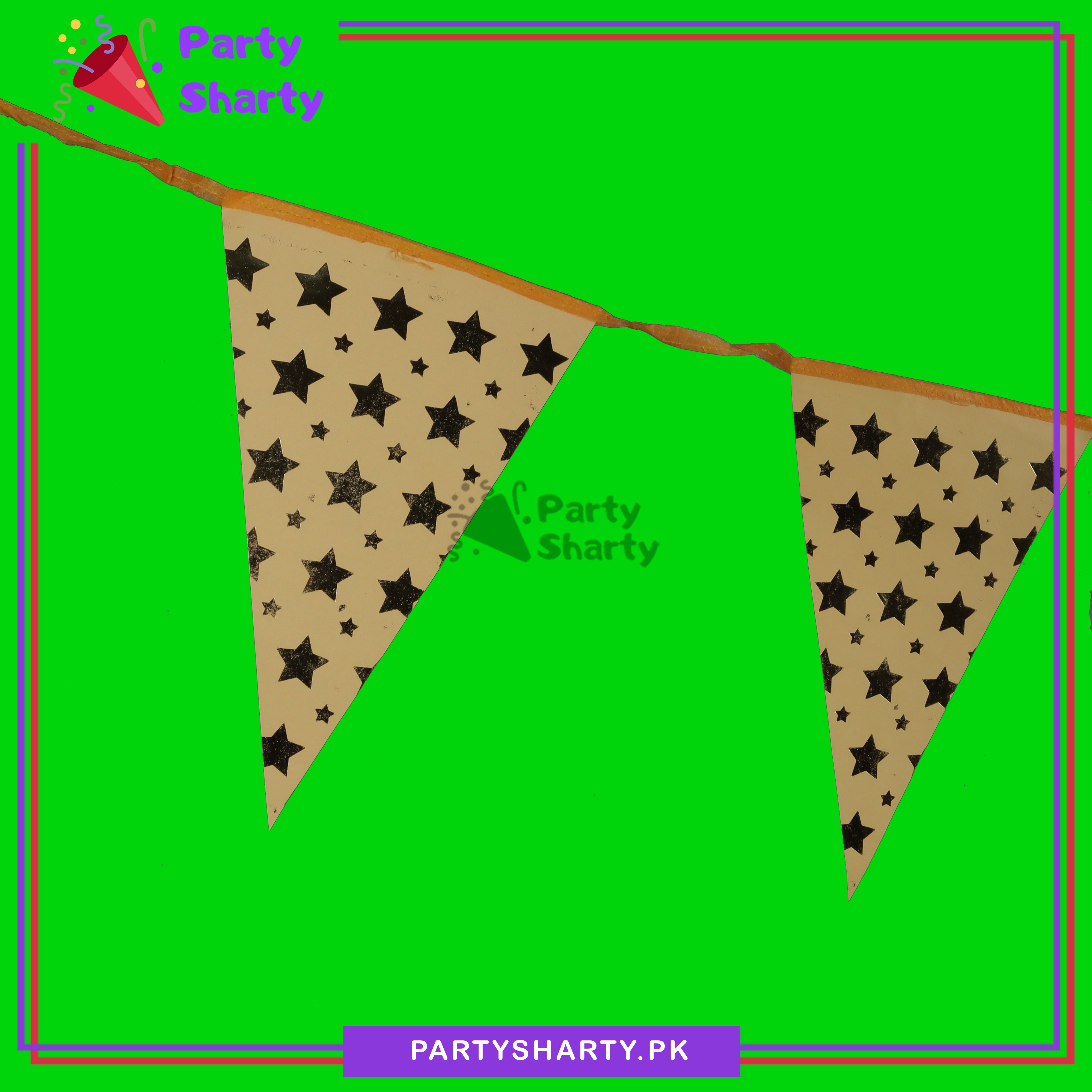 Golden Star Foil Printed Golden Party Flag Bunting  Pack of 10 For Golden Theme Decoration