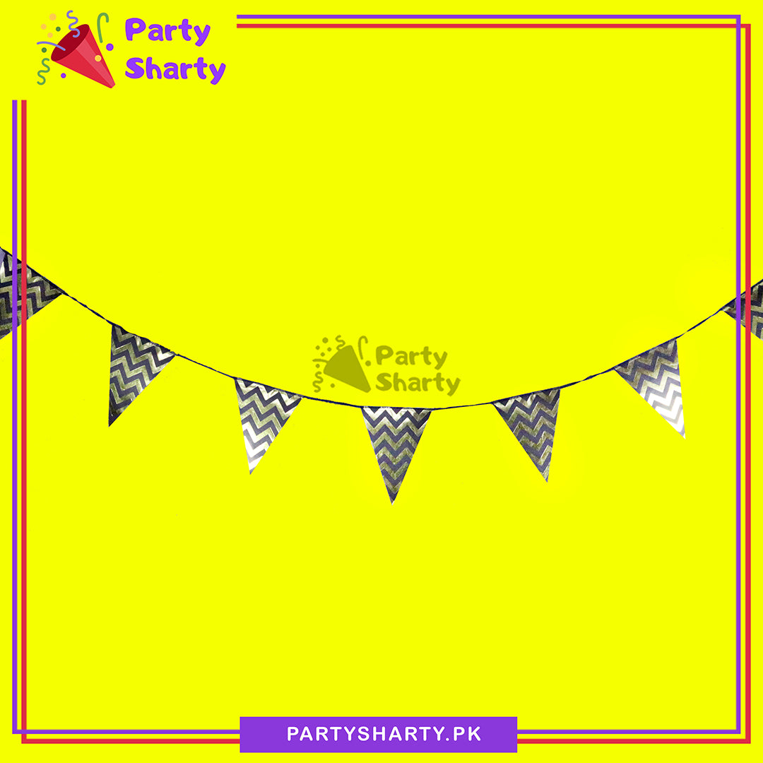 Golden Zig Zag Foil Printed Black Party Flags Bunting Pack of 10 For Party Decoration