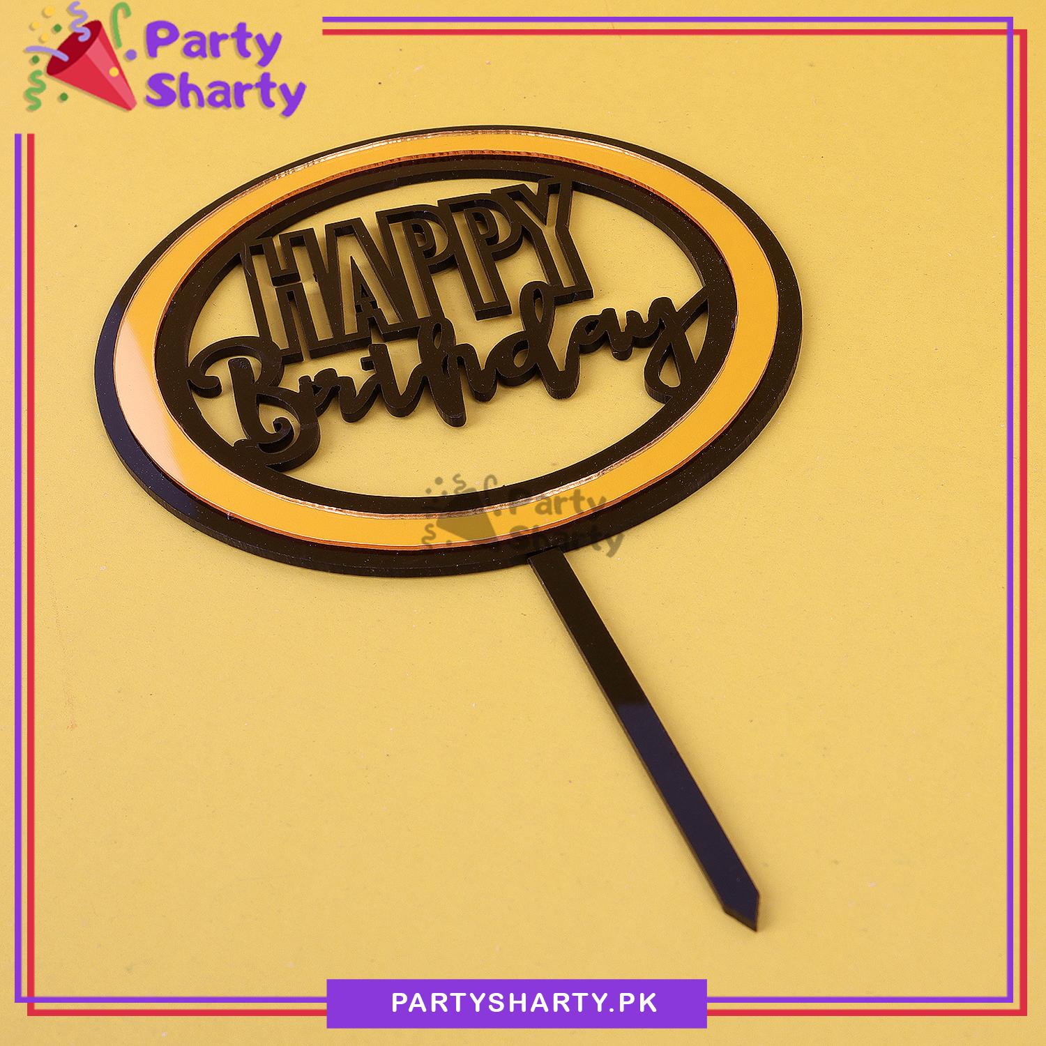 Golden & Black Happy Birthday Double Layer Round Acrylic Cake Topper for Birthday Celebration