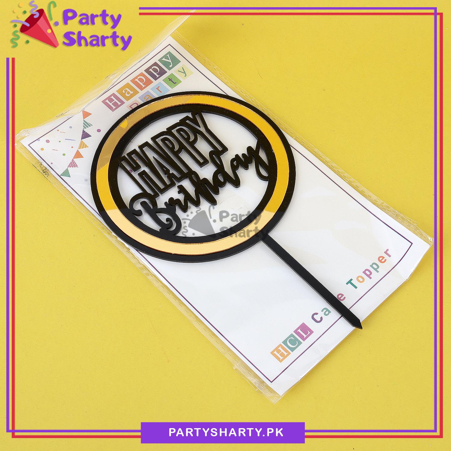 Golden & Black Happy Birthday Double Layer Round Acrylic Cake Topper for Birthday Celebration