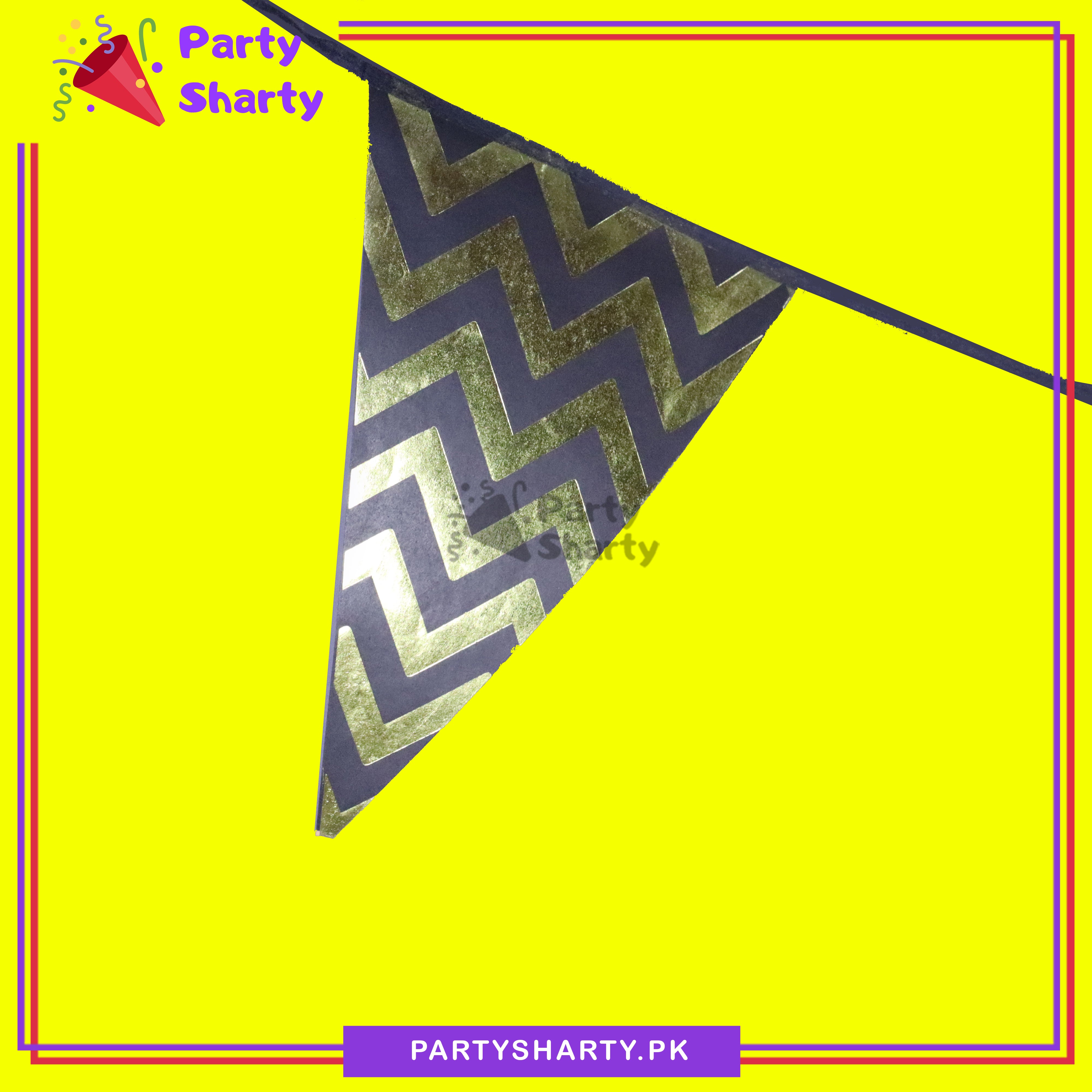 Golden Zig Zag Foil Printed Black Party Flags Bunting Pack of 10 For Party Decoration