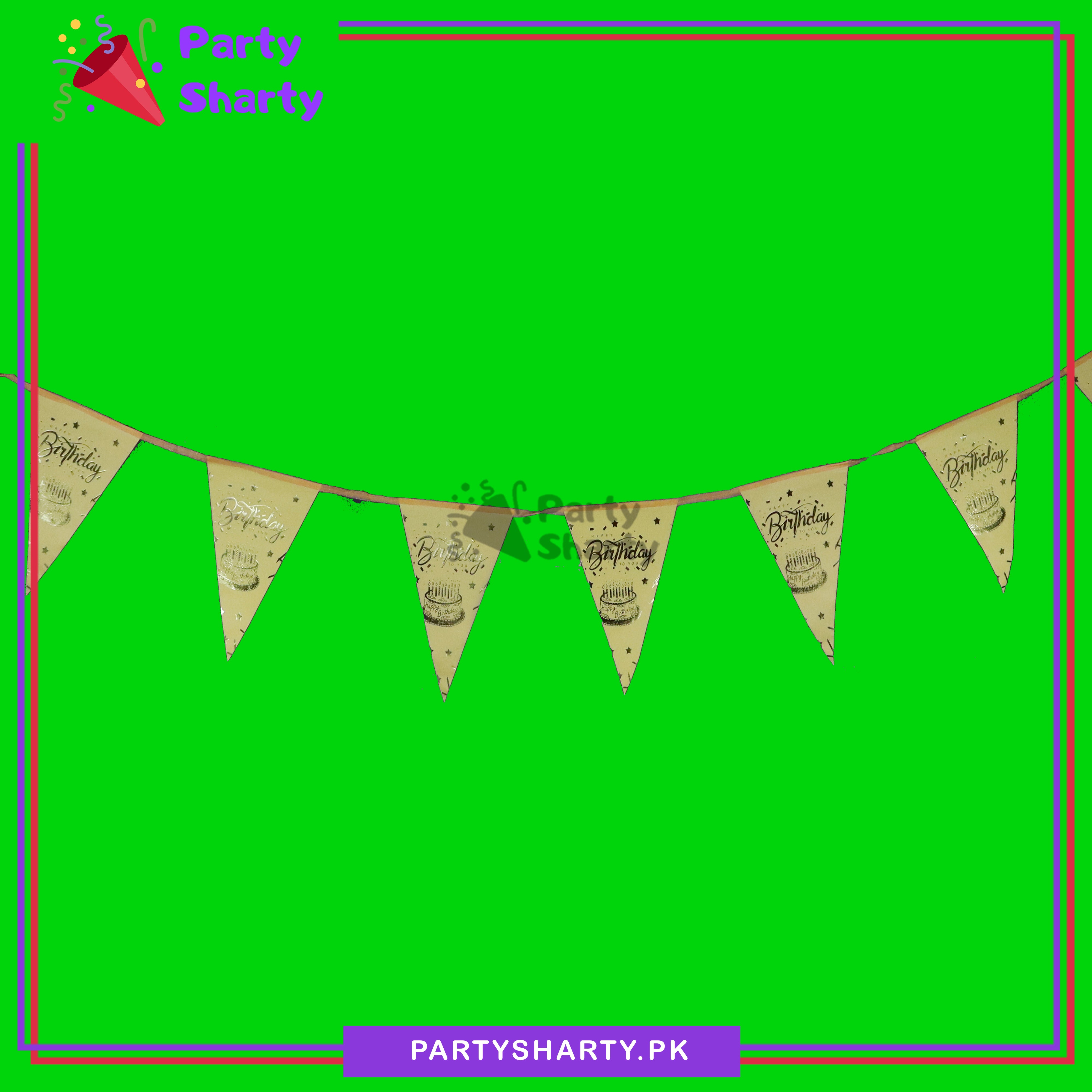 Golden Happy Birthday Cake Foil Printe Party Flag Bunting Pack of 10 For Golden Theme Decoration