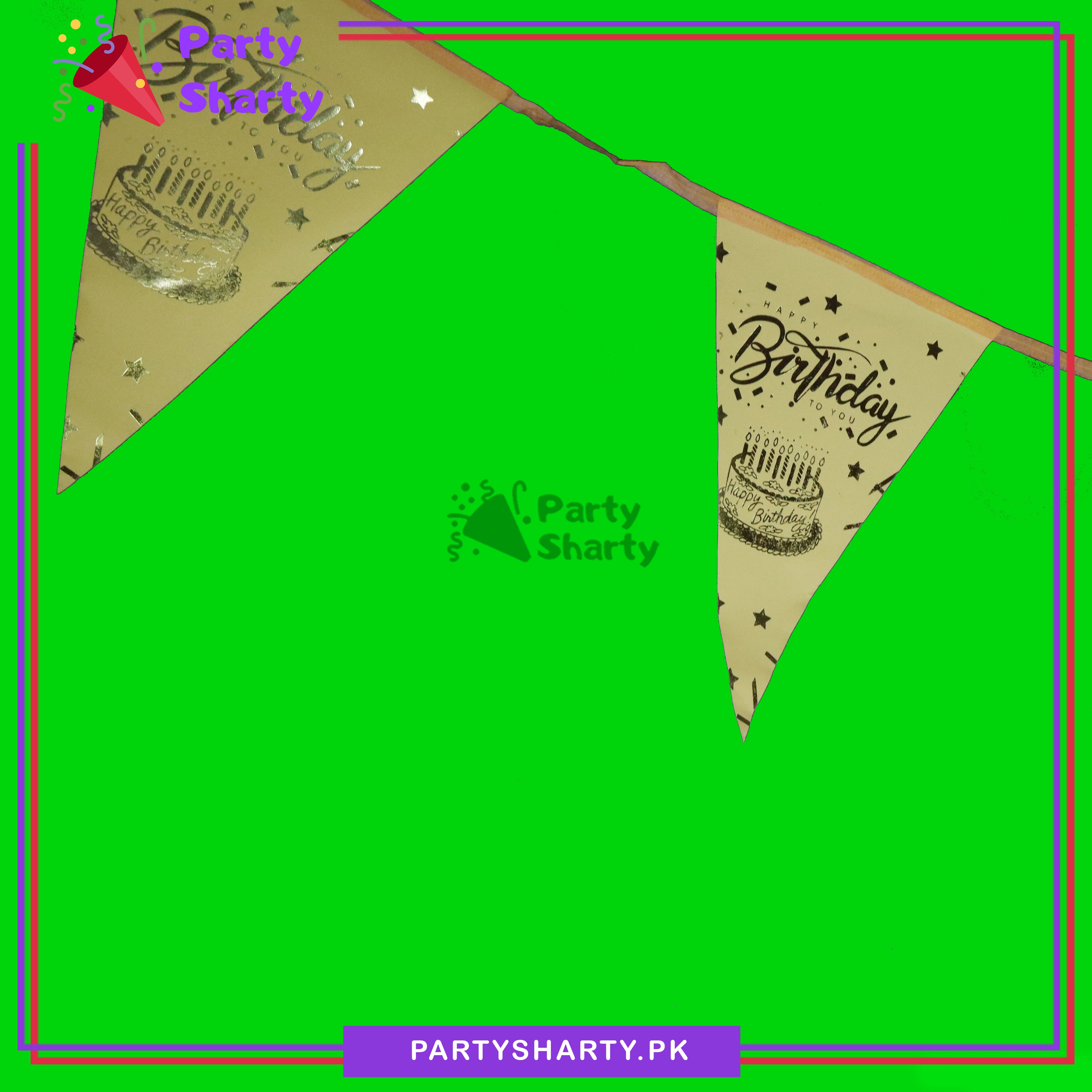 Golden Happy Birthday Cake Foil Printe Party Flag Bunting Pack of 10 For Golden Theme Decoration