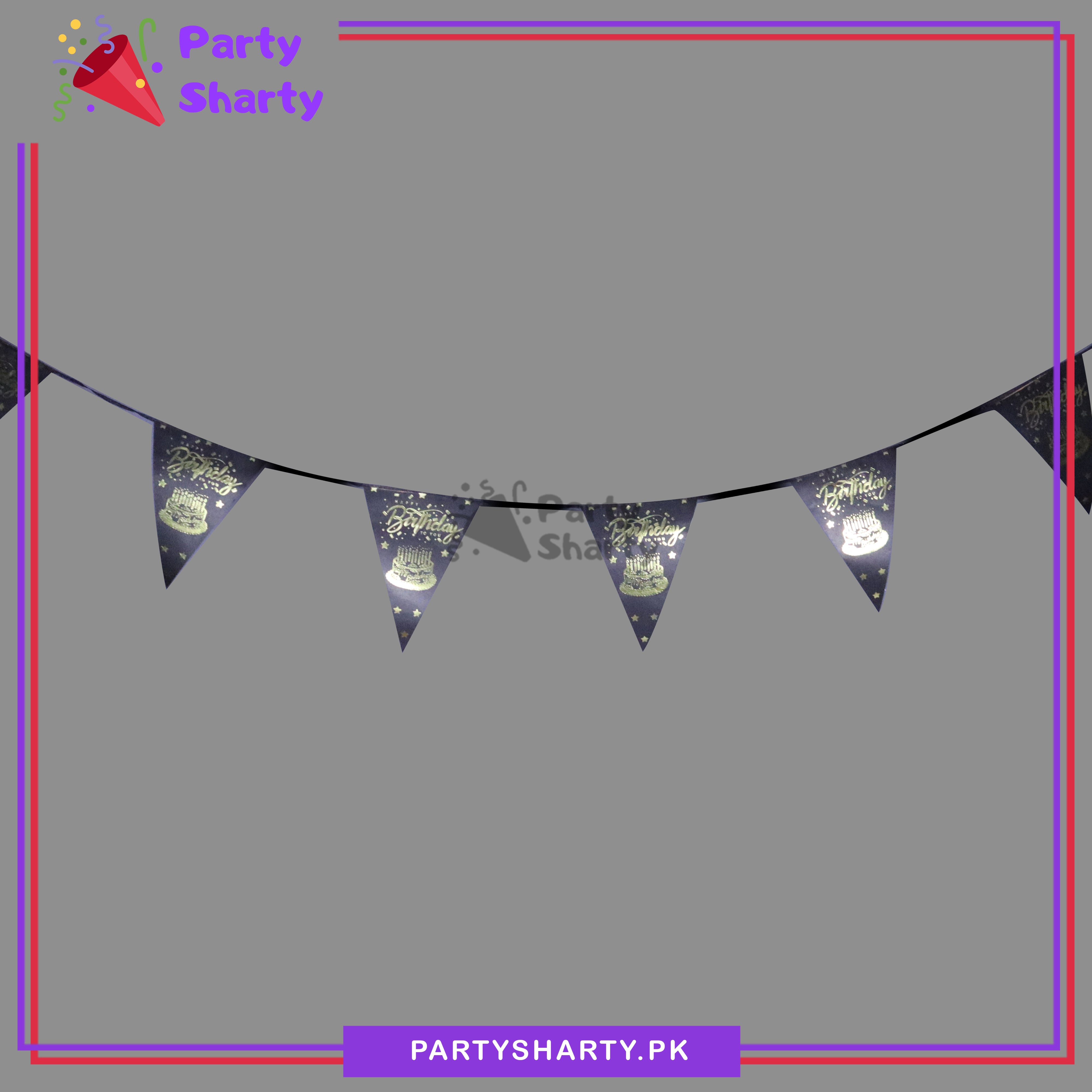 Golden / Black Happy Birthday Cake Foil Printed Black Party Flag Bunting Pack of 10 For Black Theme Decoration