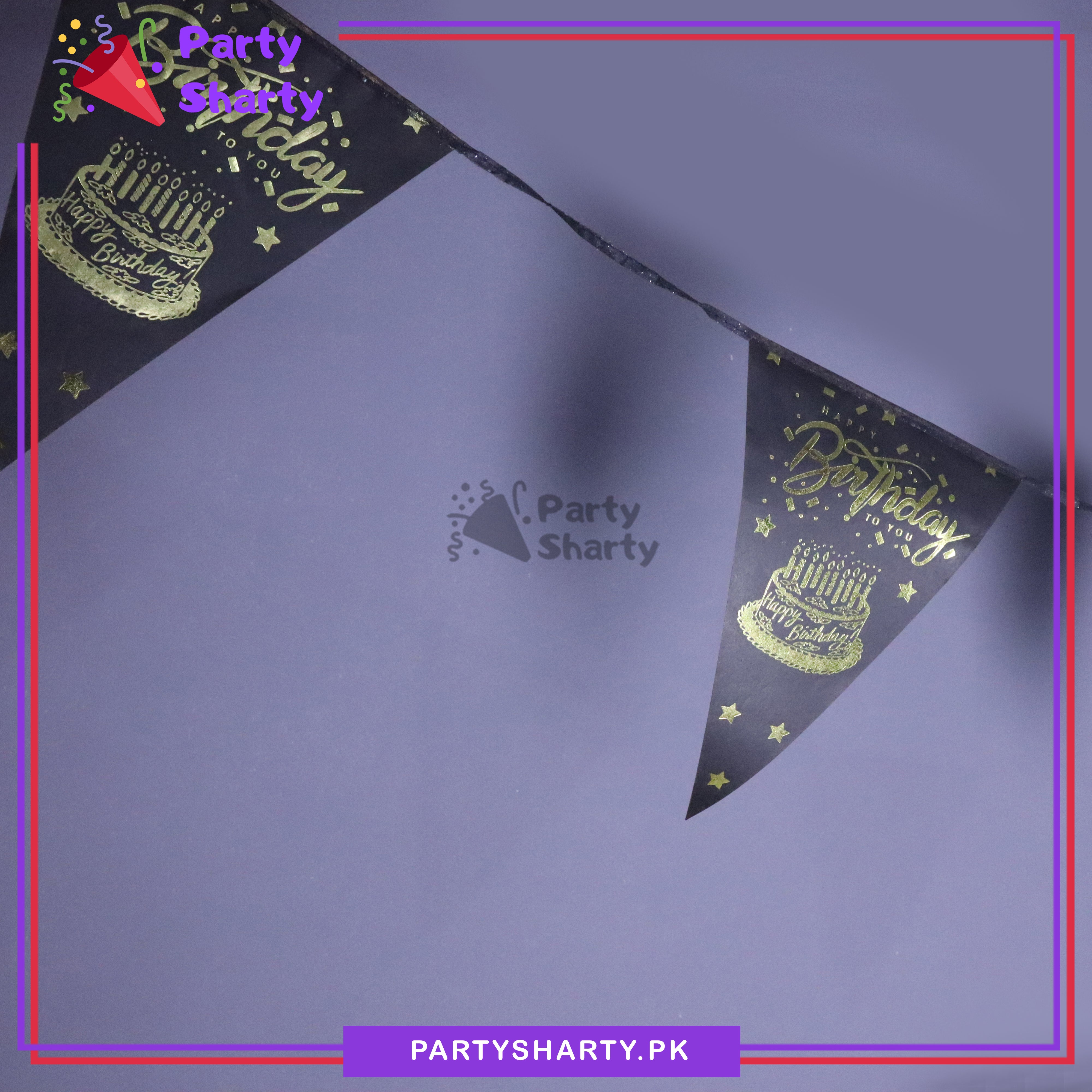 Golden / Black Happy Birthday Cake Foil Printed Black Party Flag Bunting Pack of 10 For Black Theme Decoration