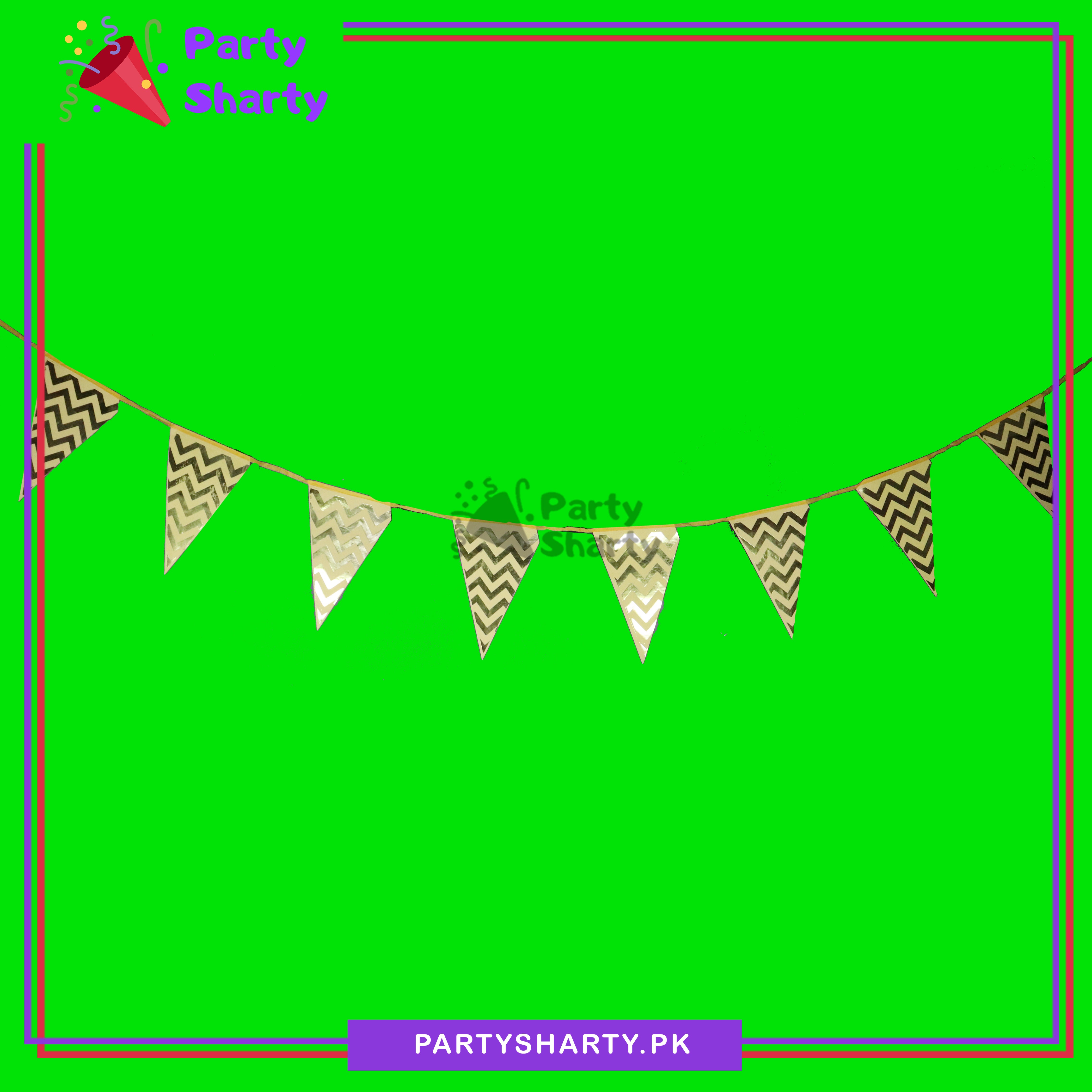 Golden Zig Zag Foil Printed Golden Party Flags Bunting Pack of 10 For Black Theme Decoration