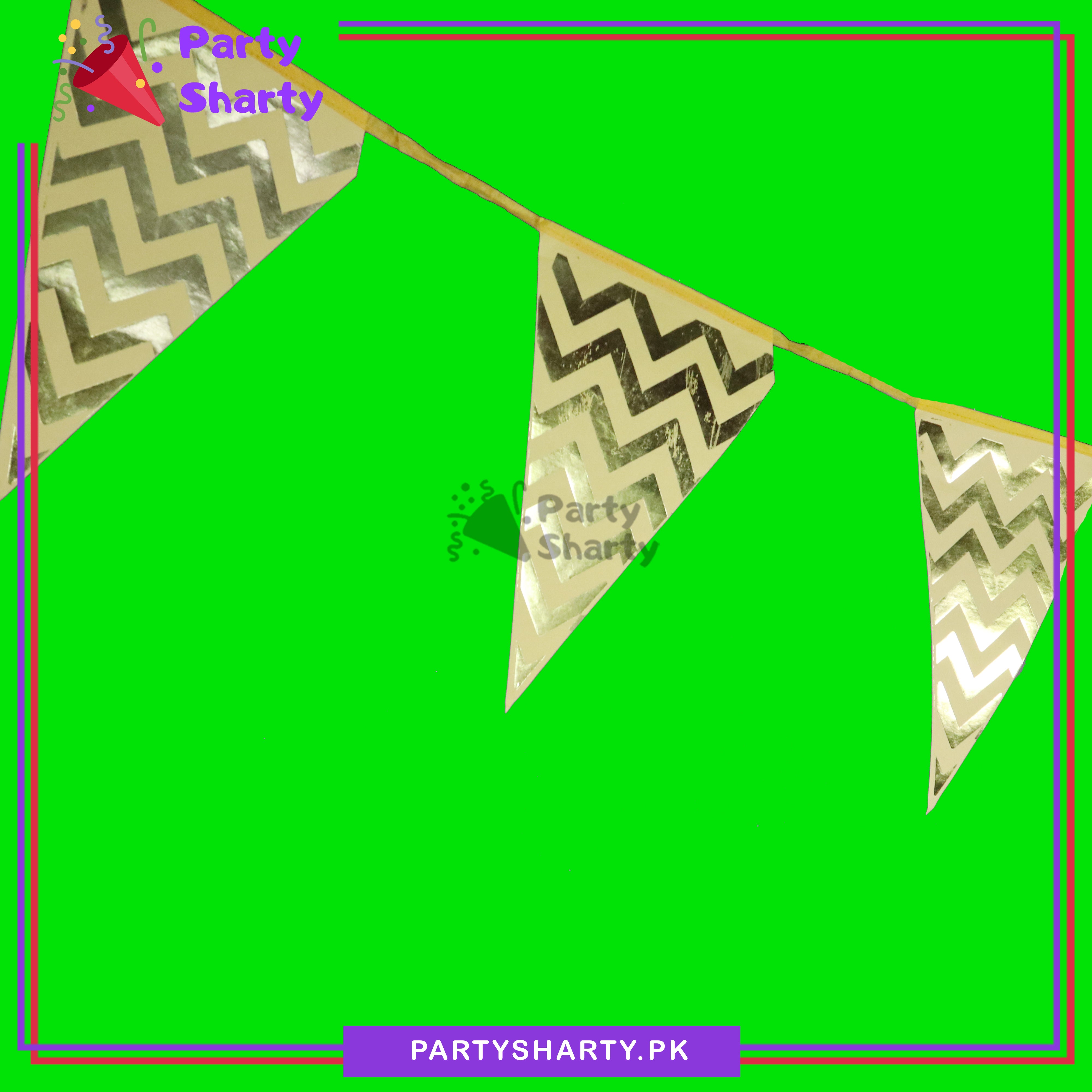 Golden Zig Zag Foil Printed Golden Party Flags Bunting Pack of 10 For Black Theme Decoration