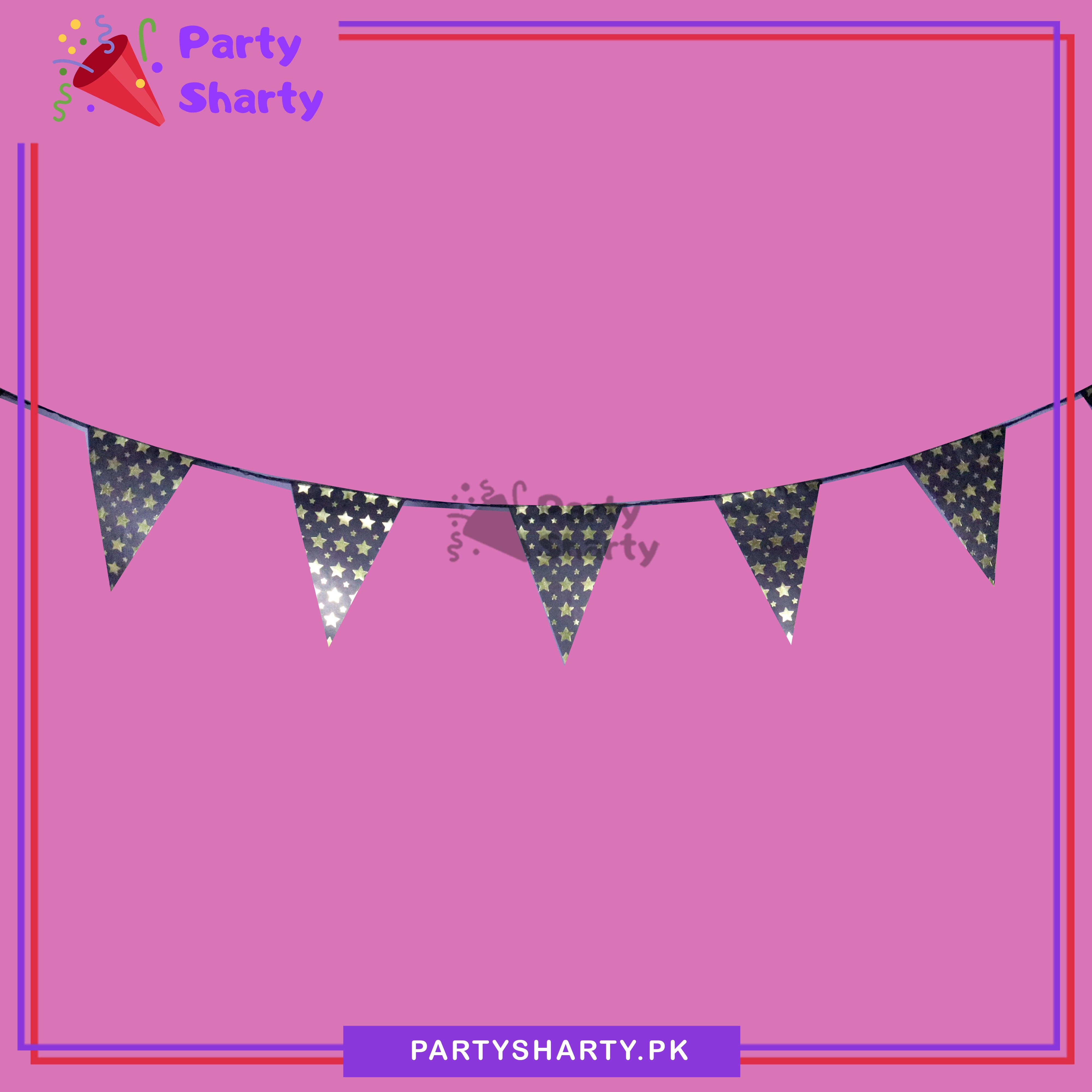 Golden Star Foil Printed Black Party Flag Bunting Pack of 10 For Party Decoration & Celebration