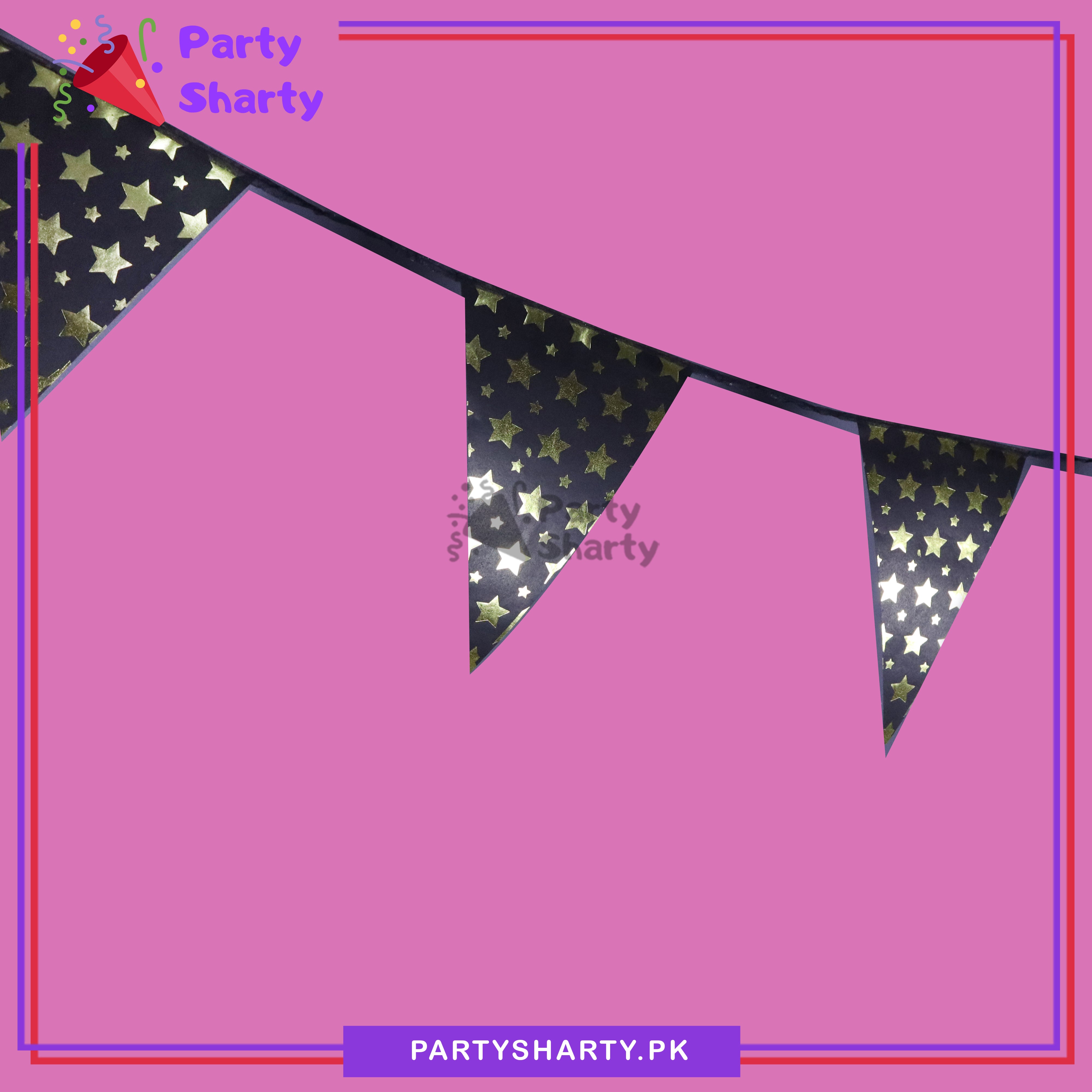 Golden Star Foil Printed Black Party Flag Bunting Pack of 10 For Party Decoration & Celebration