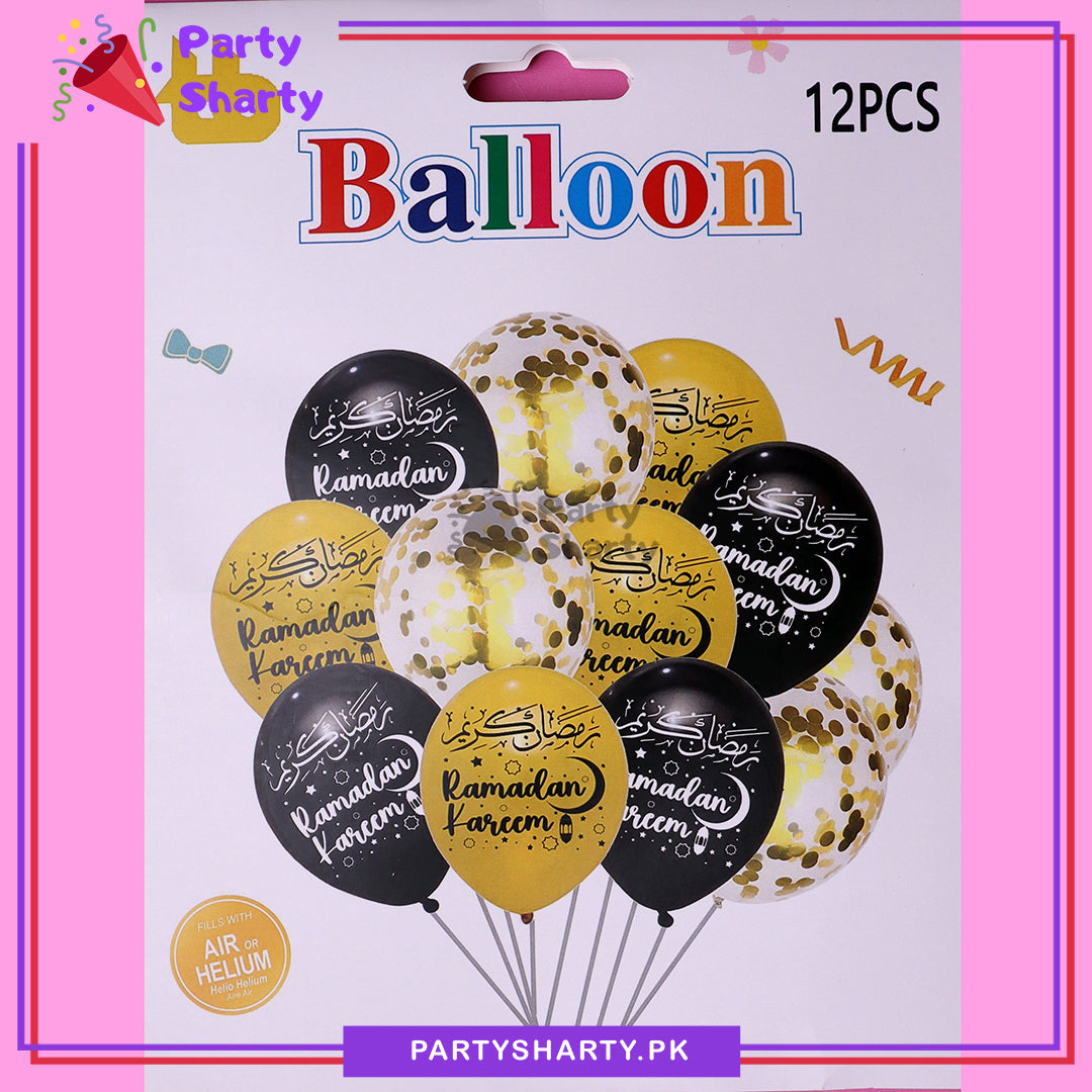 12pcs/Set Ramadan Mubarak Printed Golden & Black Latex Balloon Set for Ramadan Iftar Party Decoration and Celebration