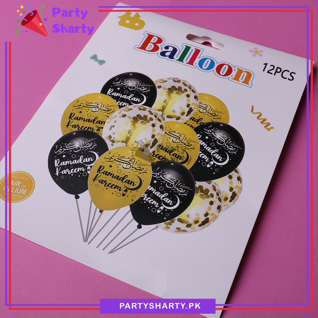 12pcs/Set Ramadan Mubarak Printed Golden & Black Latex Balloon Set for Ramadan Iftar Party Decoration and Celebration