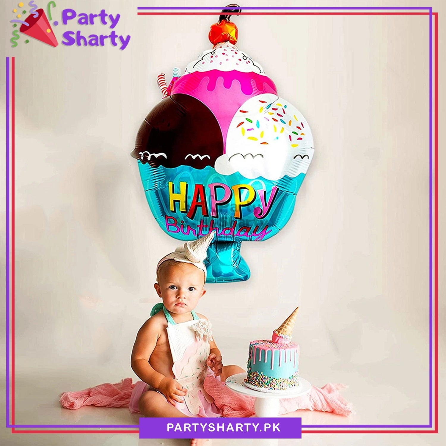 Happy Birthday Printed Ice Cream Cup Shaped Foil Balloon For Candyland Theme Birthday Decoration