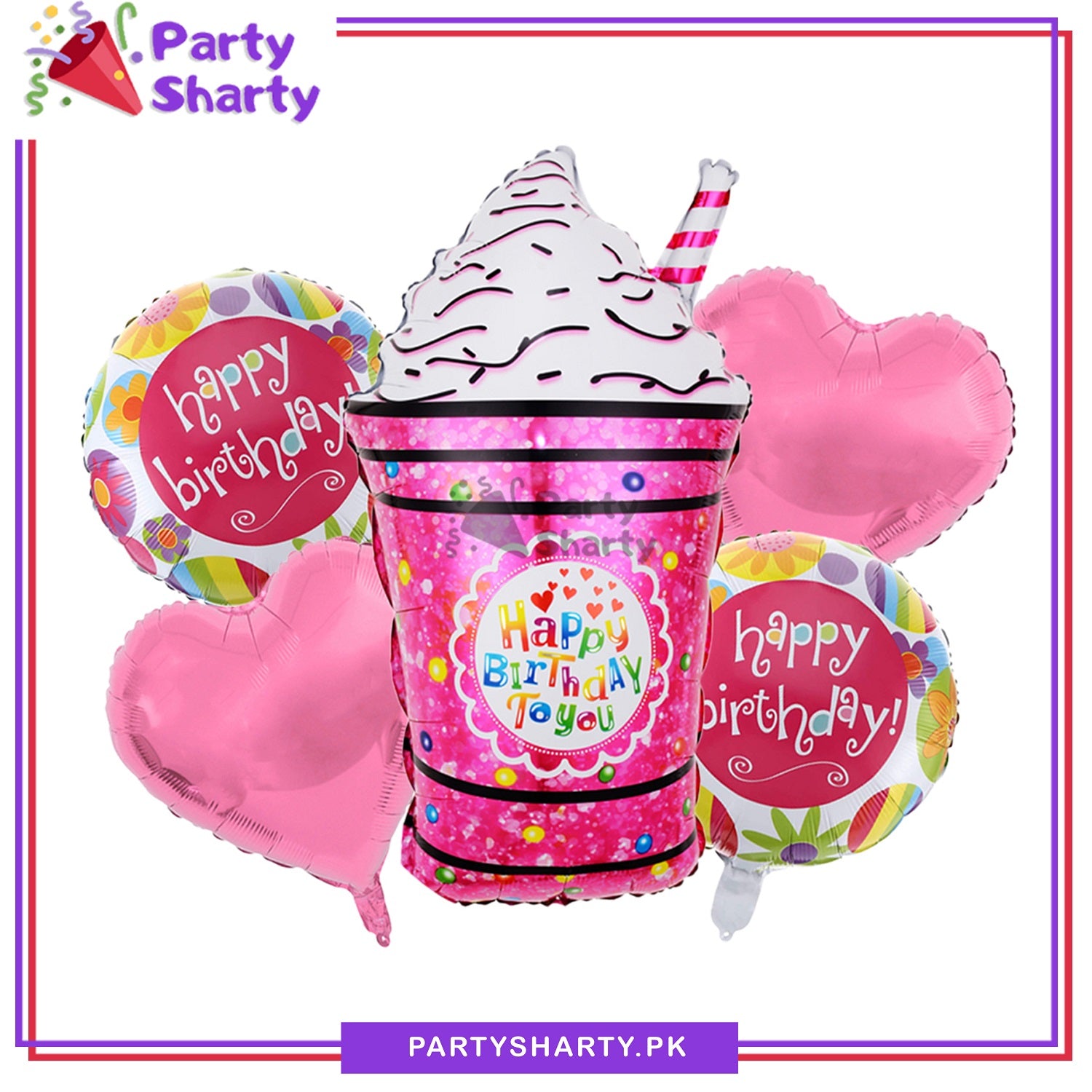 Ice Cream Shake Glass Foil Balloon Set of 5 For Icecream / Sweet One theme decoration and Celebration