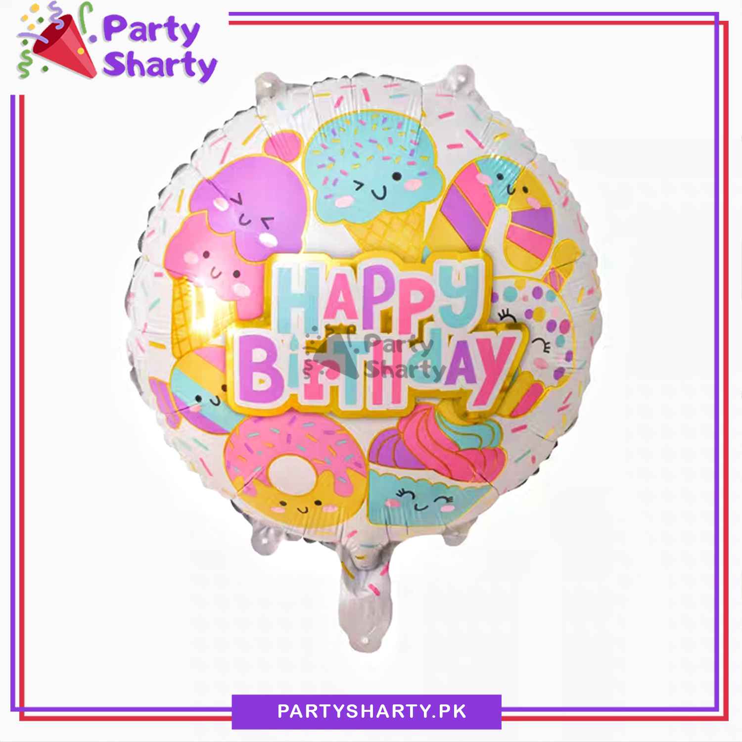 Happy Birthday Pastel Ice-cream, Candy & Donut Printed Round Shaped Foil Balloon For Birthday Party Decoration and Celebration