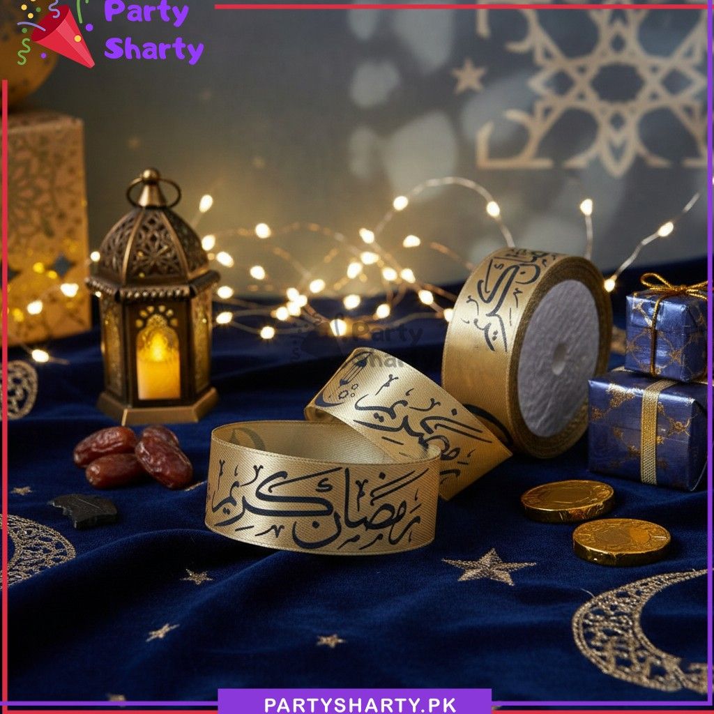 Imported 2.5CM Ramadan Kareem Black Printed Golden Ribbon Roll For Ramadan Gift Decoration
