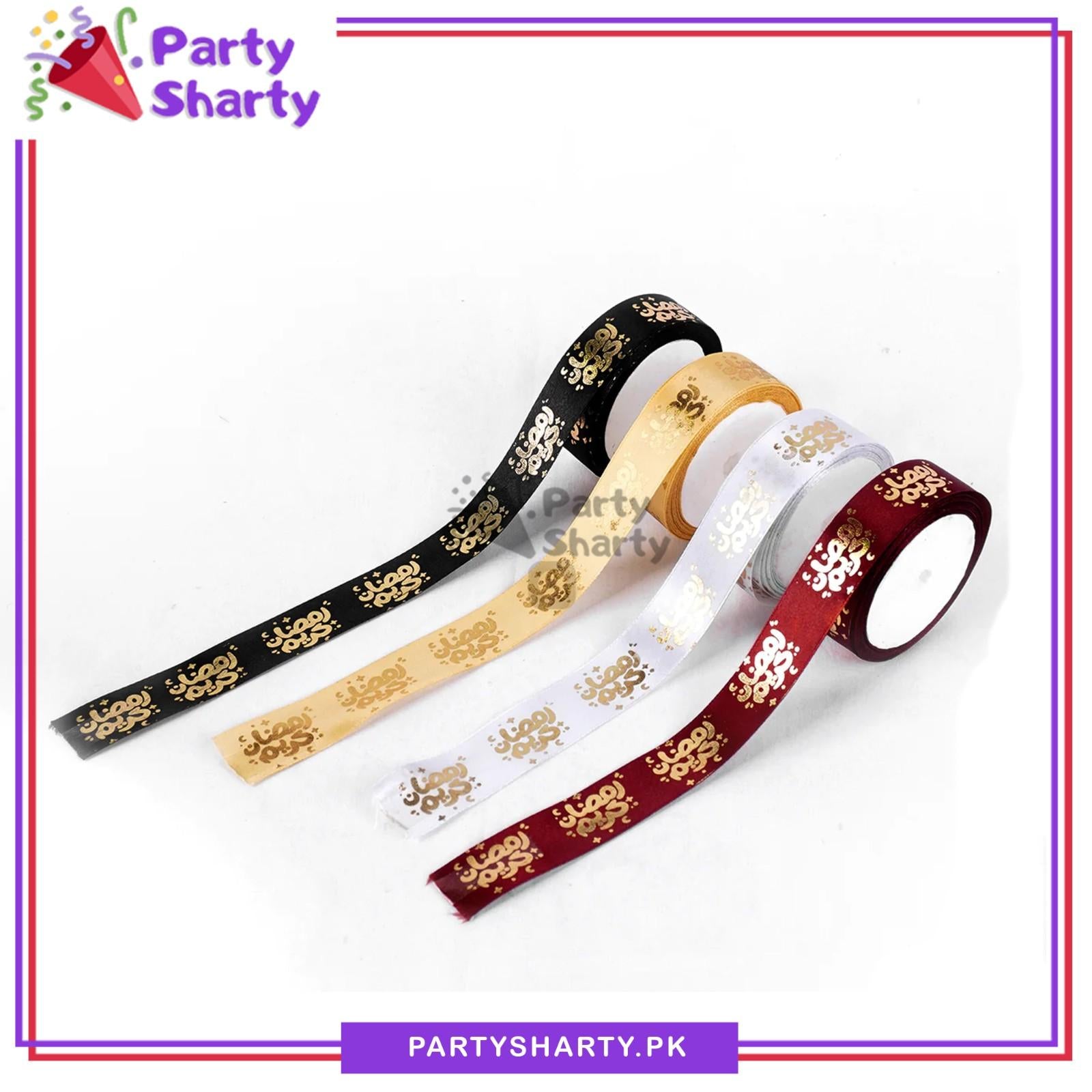 Imported 2.5CM Ramadan Kareem With Small Moon & Stars Golden Foil Printed Ribbon Roll For Ramadan Gift Decoration