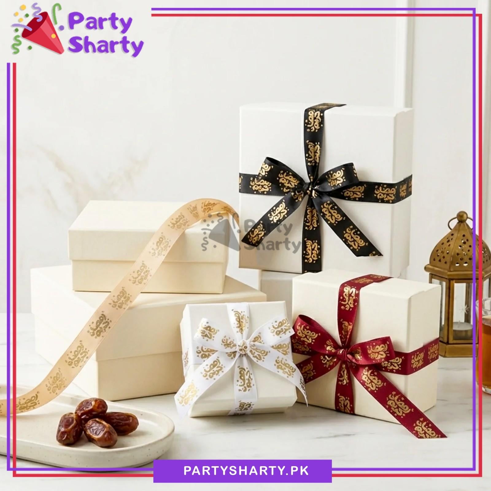 Imported 2.5CM Ramadan Kareem With Small Moon & Stars Golden Foil Printed Ribbon Roll For Ramadan Gift Decoration