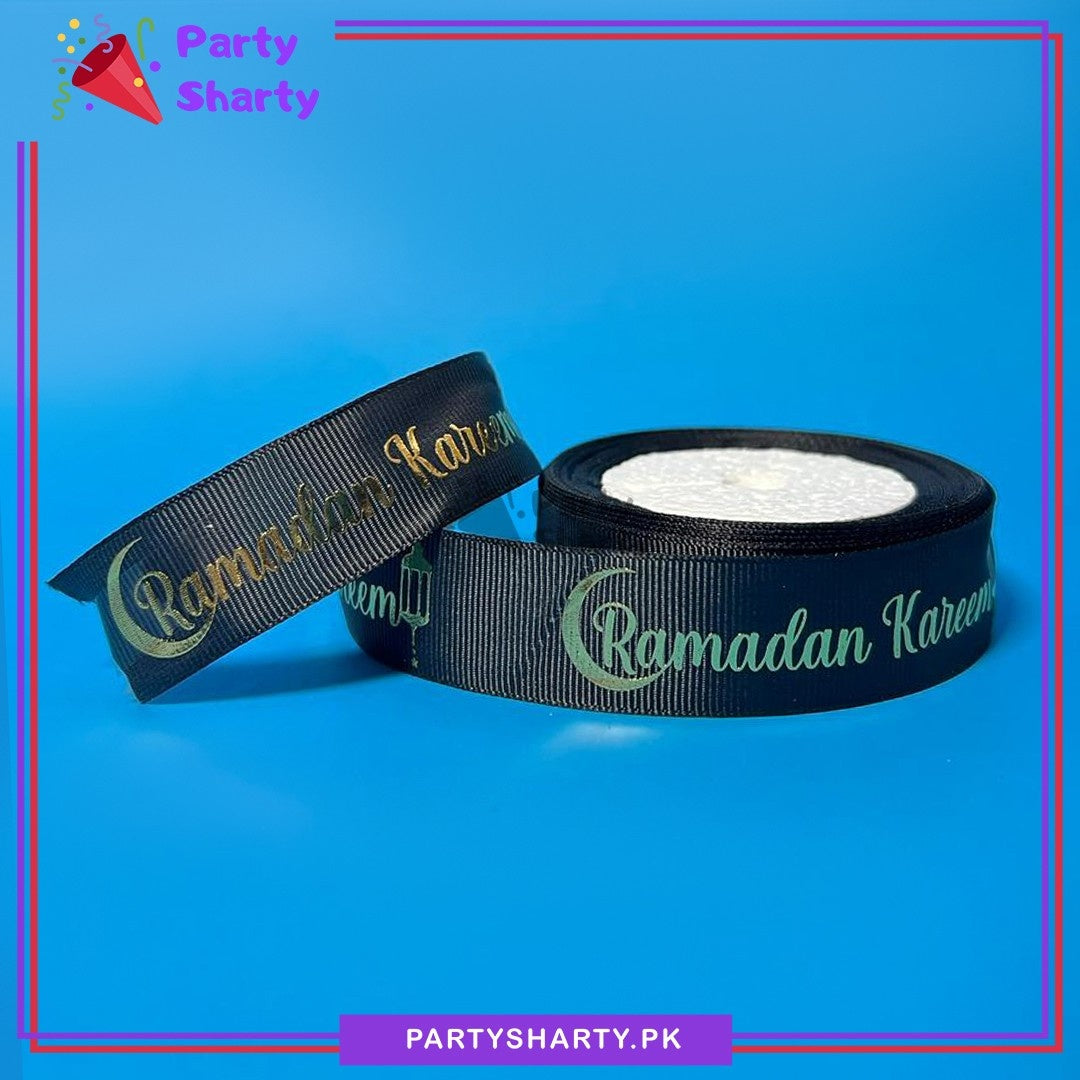 Imported 2.5CM Black Lining English Ramadan Kareem & Golden Moon Printed Ribbon Roll For Ramadan Gift Decoration