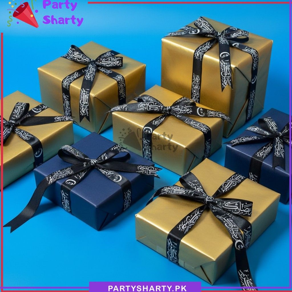 Imported 2.5CM Black Ramadan Kareem White Printed Ribbon Roll For Ramadan Gift Decoration