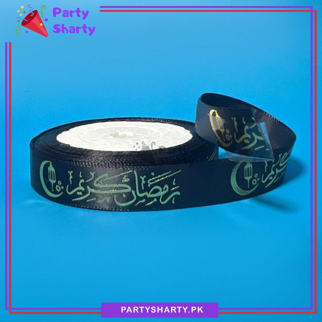 Imported 1.5CM Black Ramadan Kareem With Moon & Lantern Golden Foil Printed Ribbon Roll For Ramadan Gift Decoration