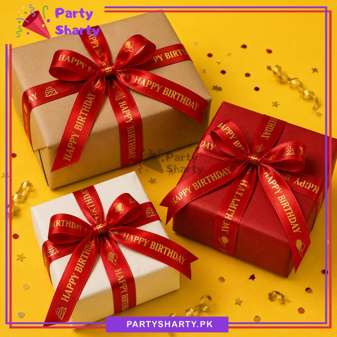 Happy Birthday Golden Foil Printed Red Ribbon For Birthday Party Gift Packing