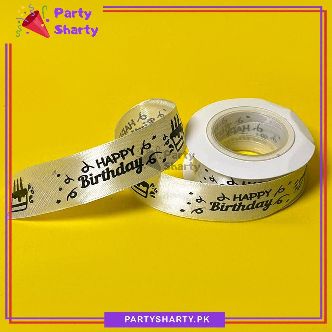 Black Happy Birthday Printed Beige Ribbon For Birthday Gifts Packing