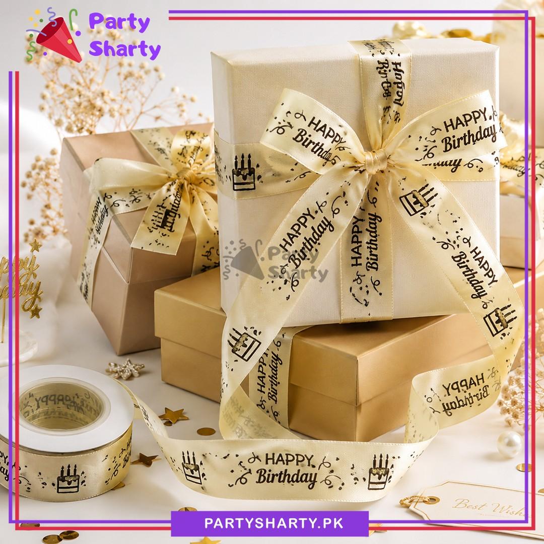 Black Happy Birthday Printed Beige Ribbon For Birthday Gifts Packing