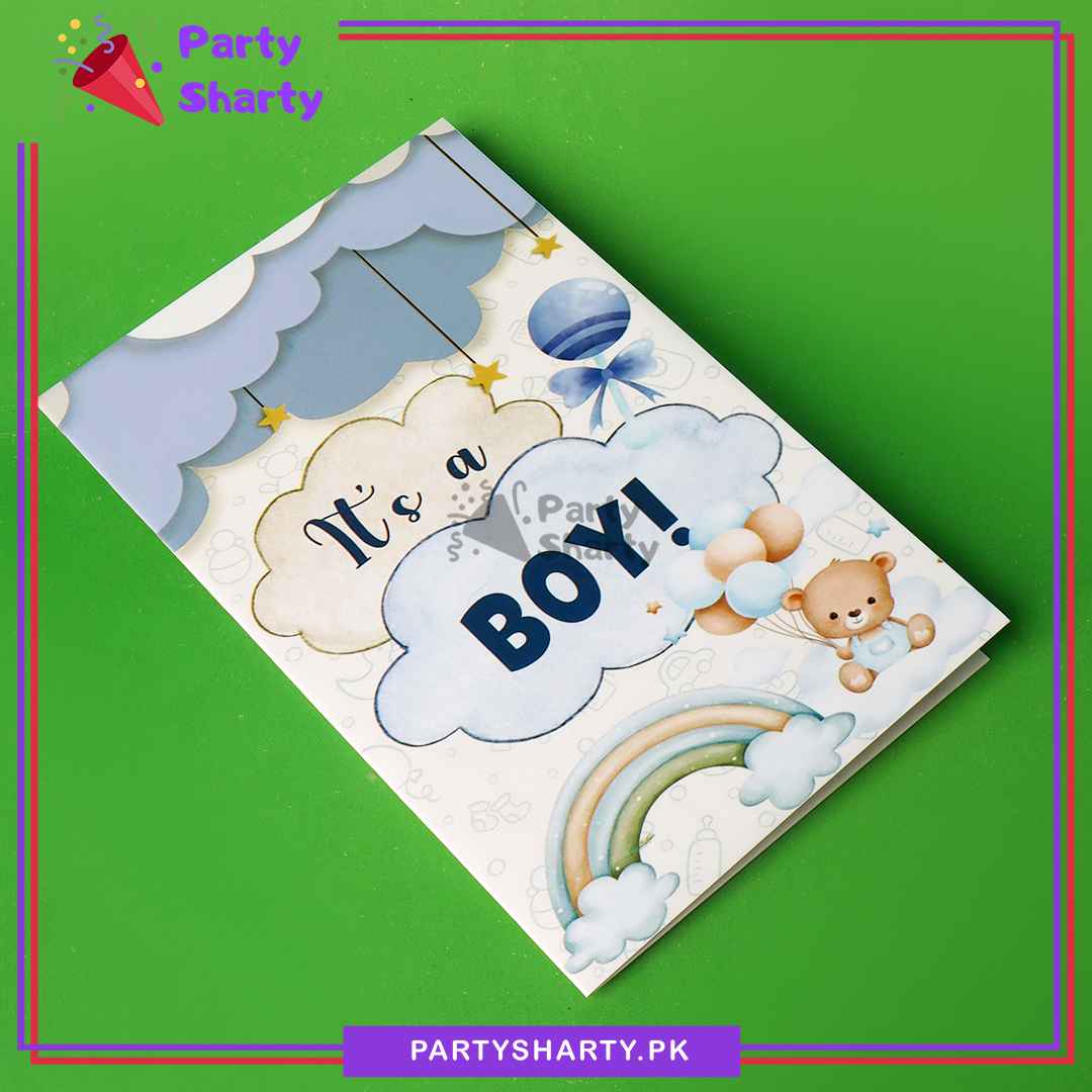 Its a Boy Teddy Bear & Rainbow Design Greeting Card