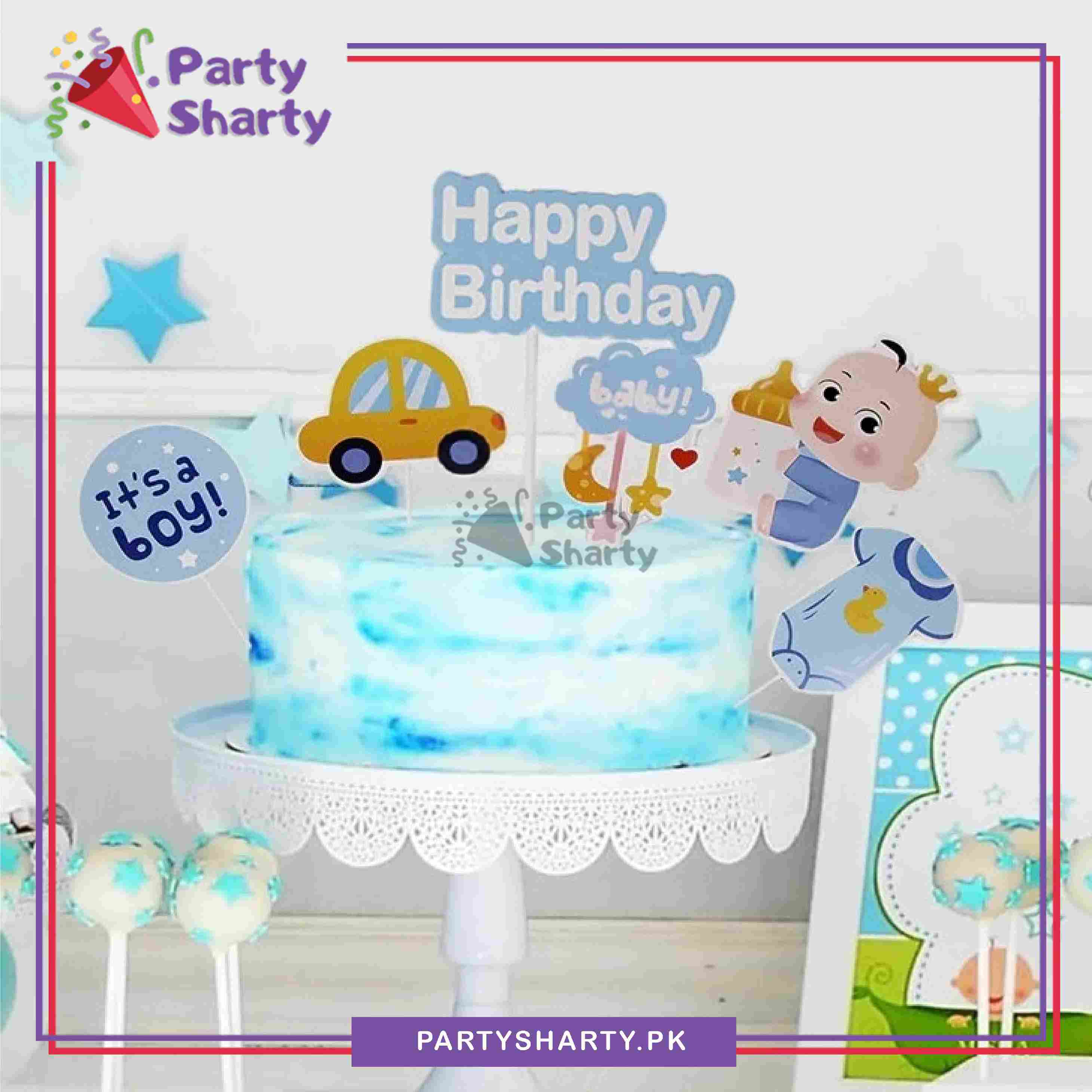 Its a Boy Theme Cake Topper Set of 6 for Welcome Baby, Gender Reveal or Baby Shower Decoration and Celebration