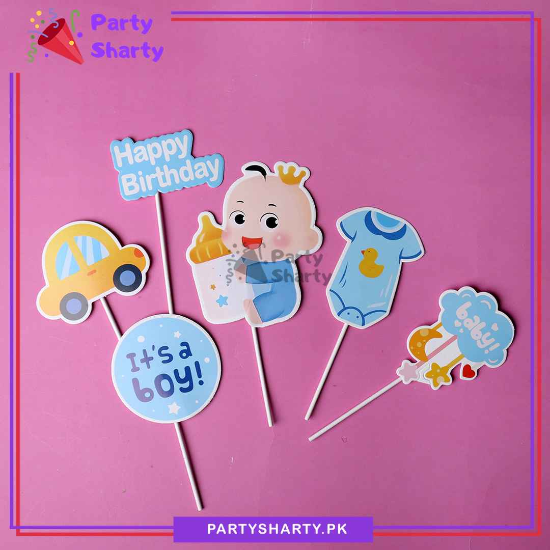 Its a Boy Theme Cake Topper Set of 6 for Welcome Baby, Gender Reveal or Baby Shower Decoration and Celebration